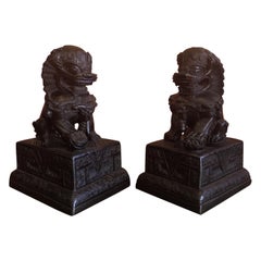 Coppia di cani da caccia cinesi in bronzo patinato / terminali di libri