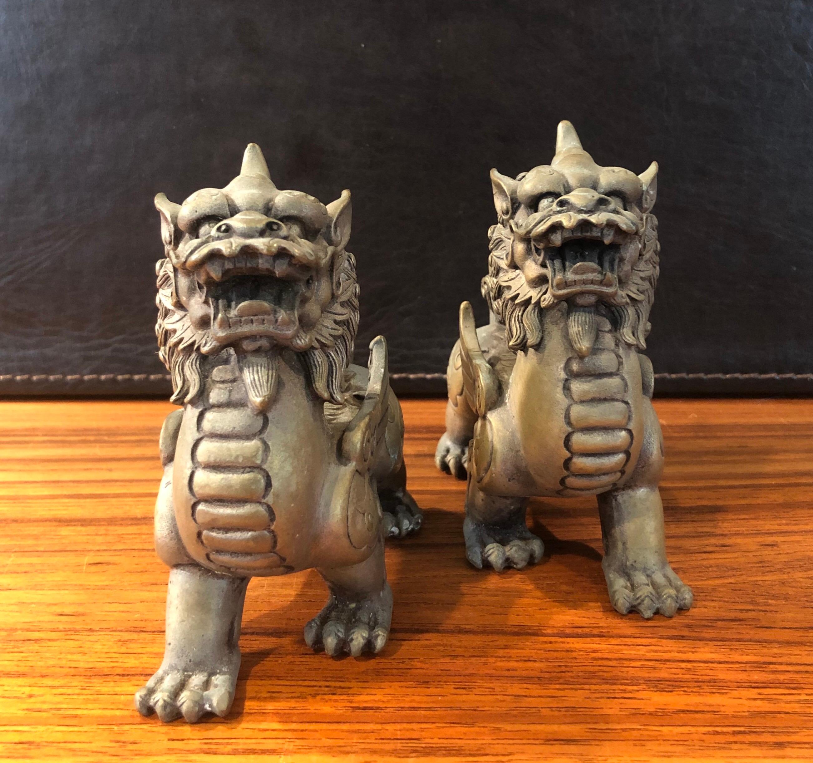 Pair of Patinated Bronze Chinese Foo Dogs For Sale 1
