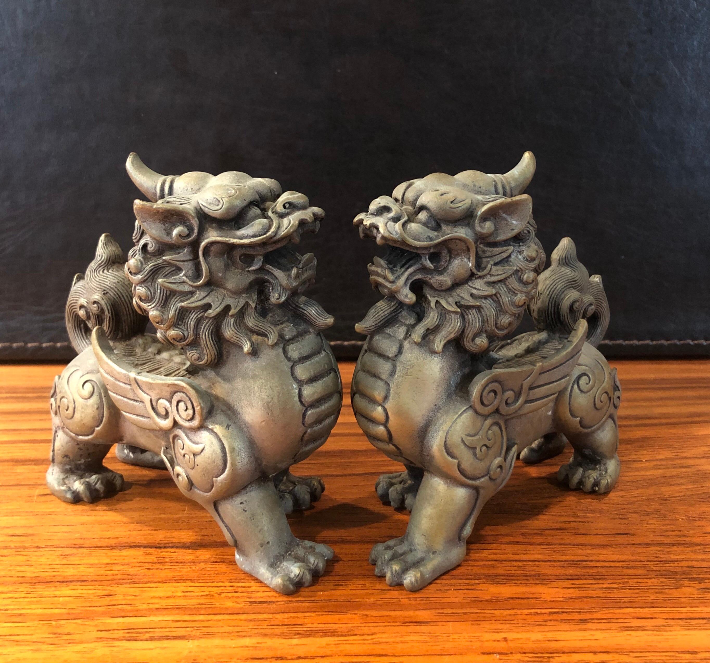 Pair of Patinated Bronze Chinese Foo Dogs For Sale 3