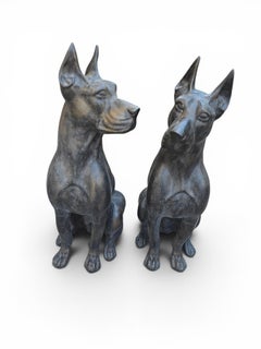 Pair of Patinated Bronze Doberman Sculptures, Italy, 1950s
