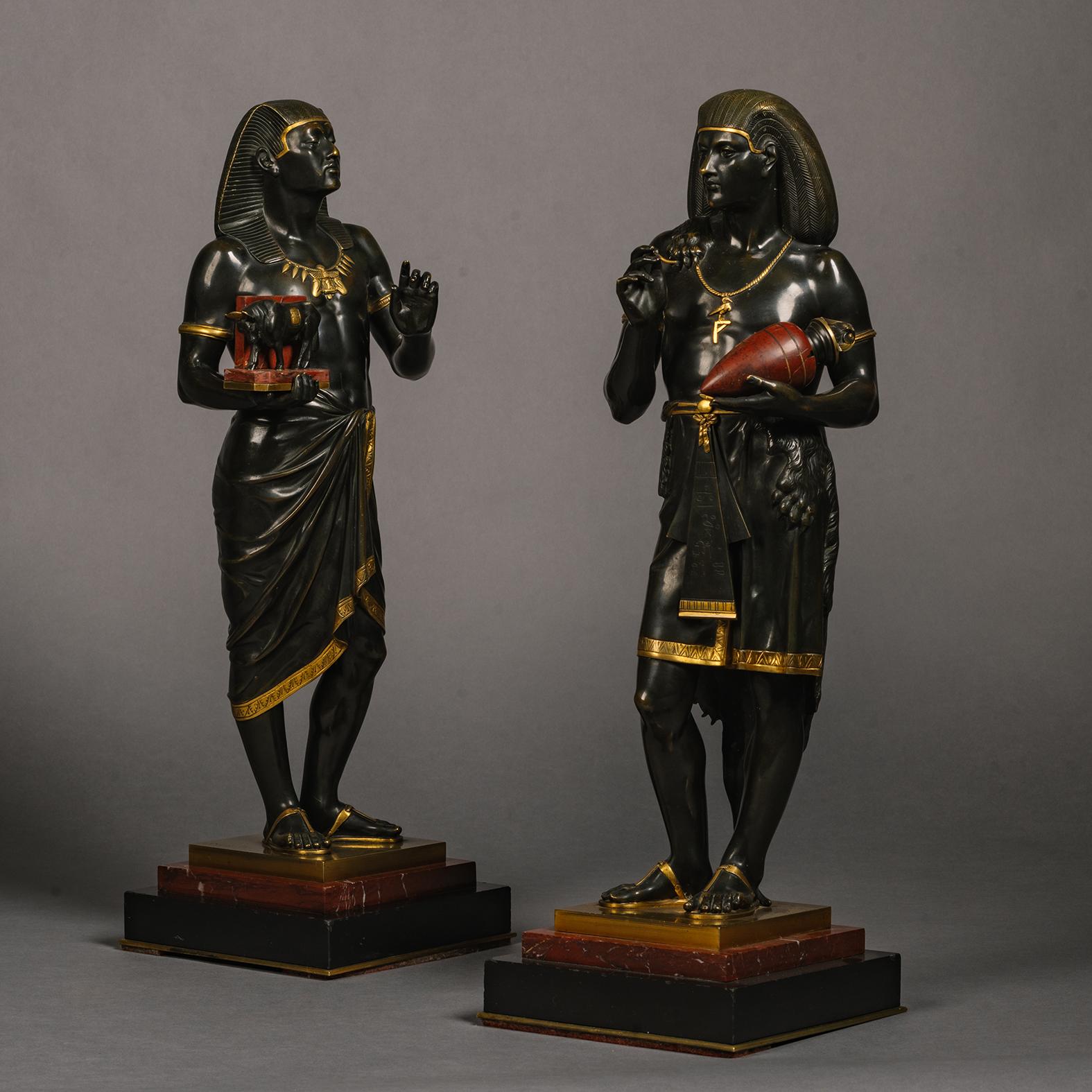 Egyptian Revival Pair of Patinated Bronze Egyptian Figures by Emile Louis Picault  For Sale