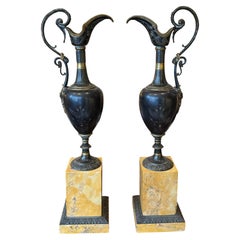 Pair of Patinated Bronze Ewers on Sienna Marble Bases — Early 19th Century