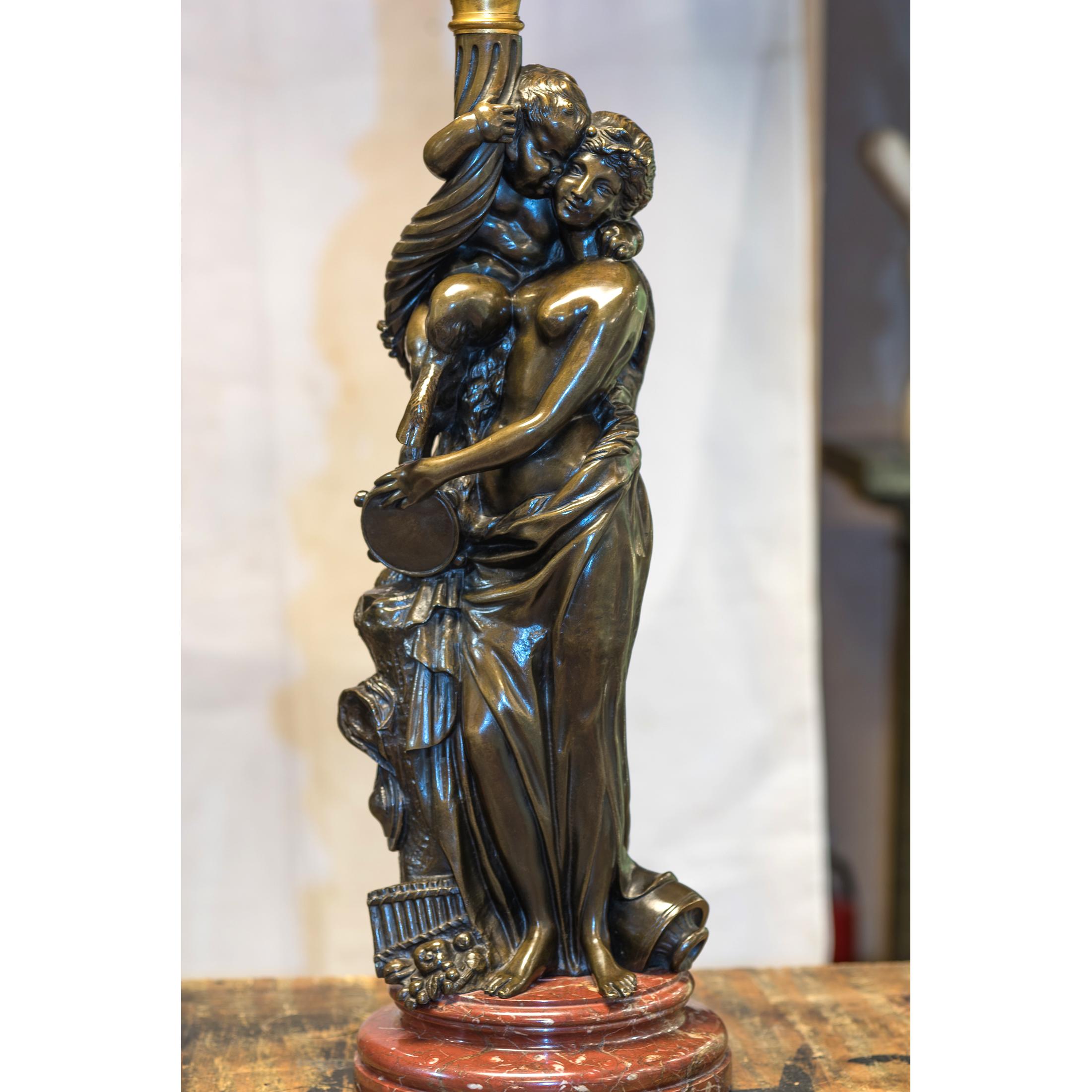 French Pair of Patinated Bronze Figural Torcheres after Albert Carrier-Belleuse