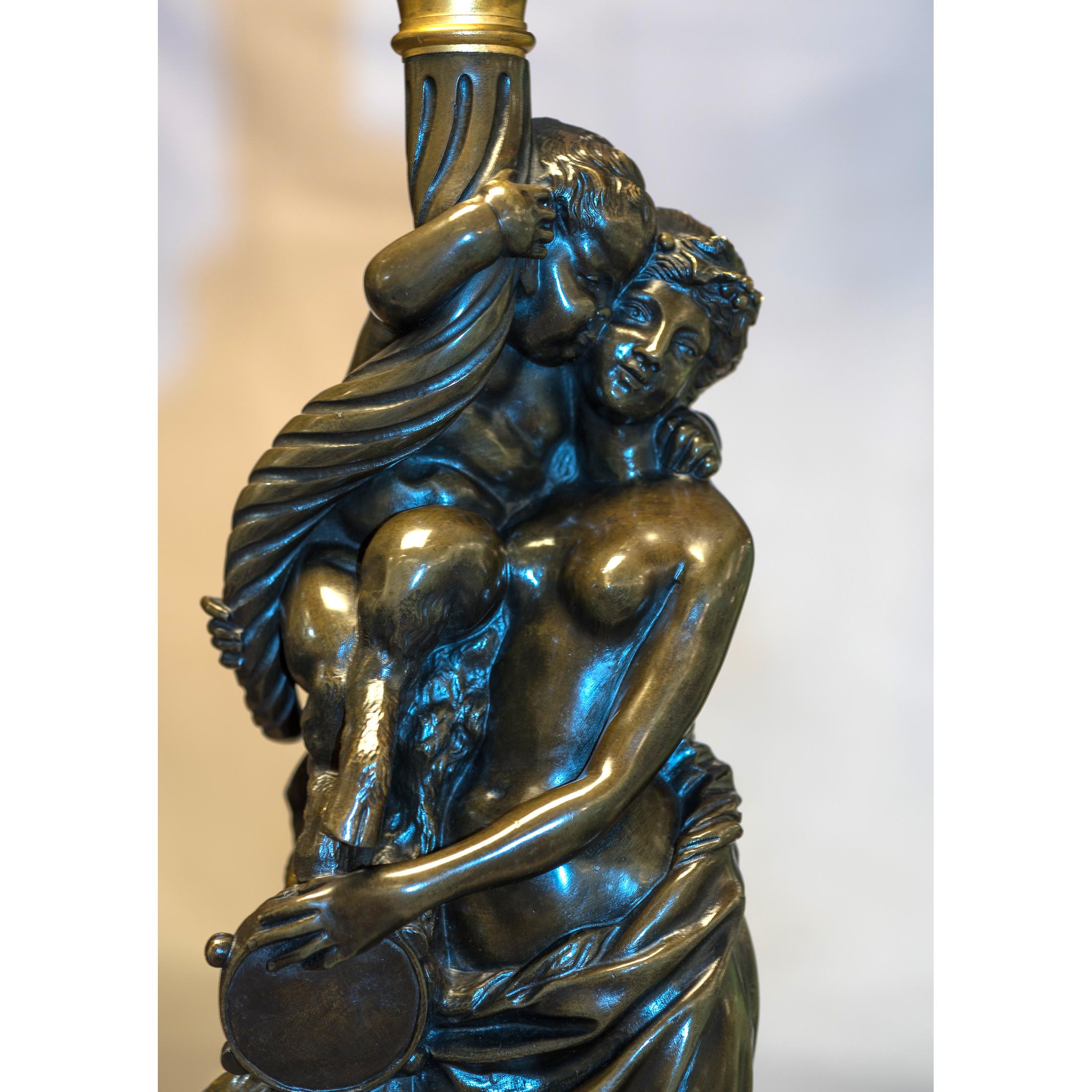 Marble Pair of Patinated Bronze Figural Torcheres after Albert Carrier-Belleuse