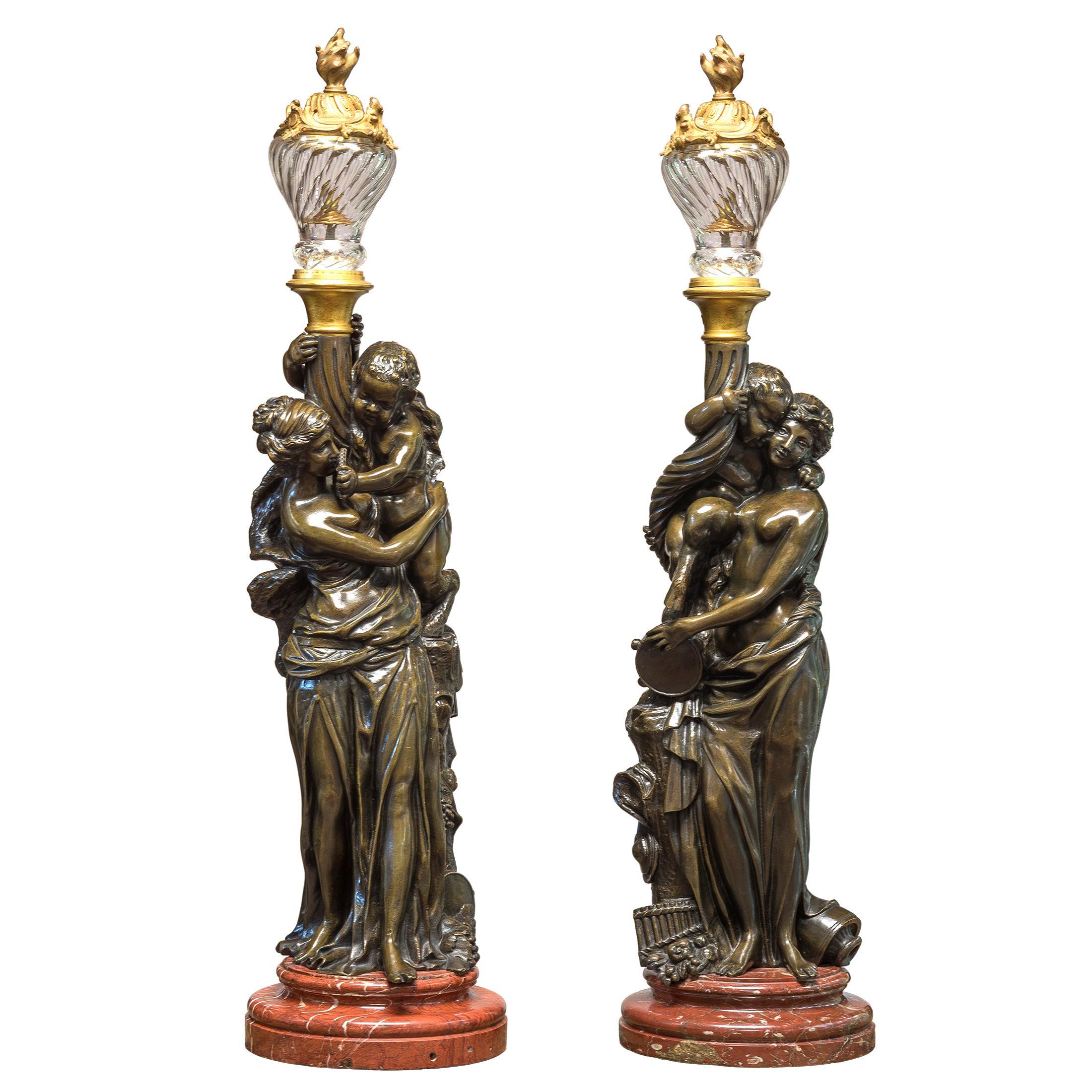 Pair of Patinated Bronze Figural Torcheres after Albert Carrier-Belleuse