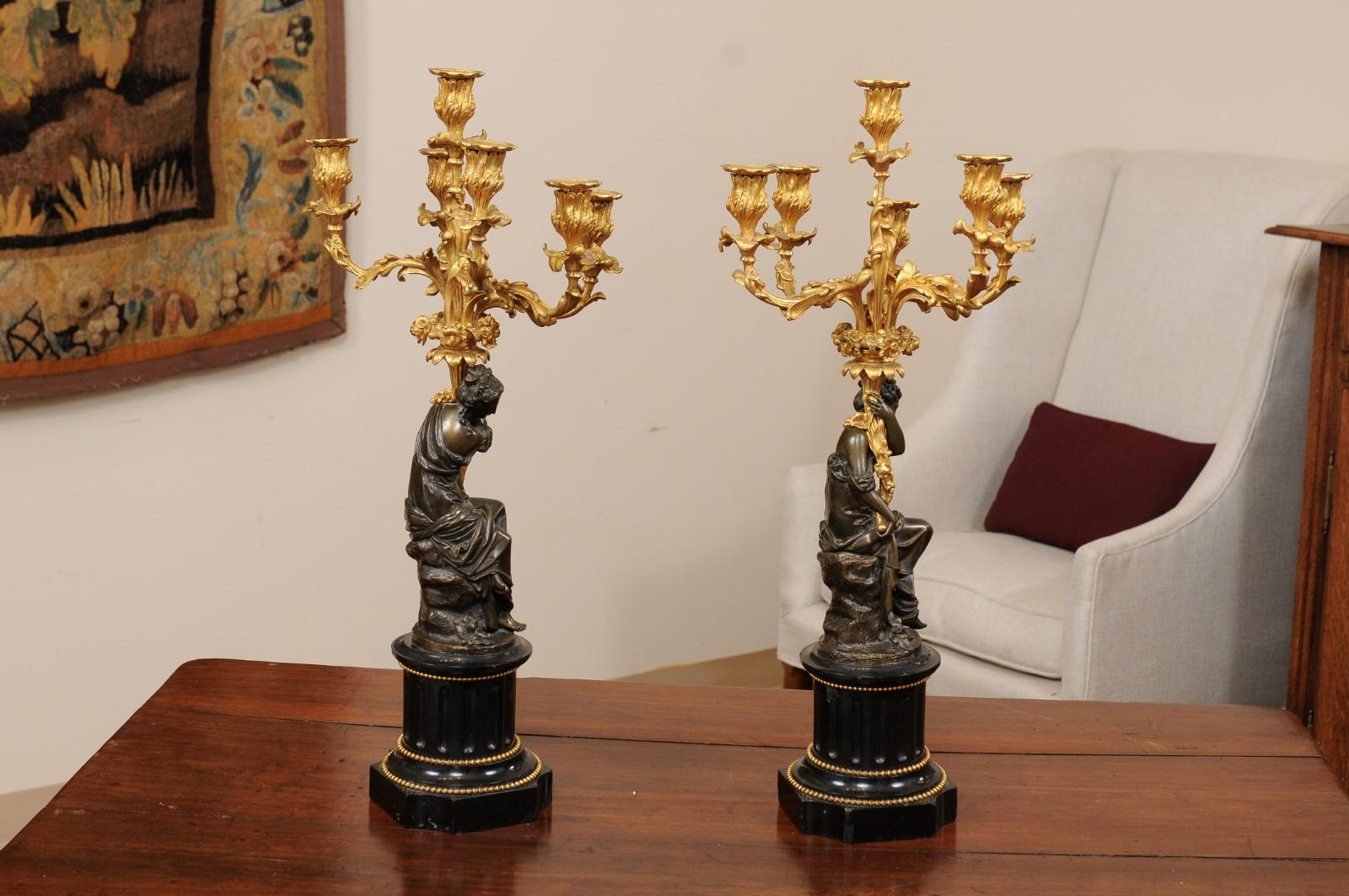 Pair of Patinated Bronze Figured Candelara with Ormolu Arms & Onyx Bases, 19th C For Sale 7
