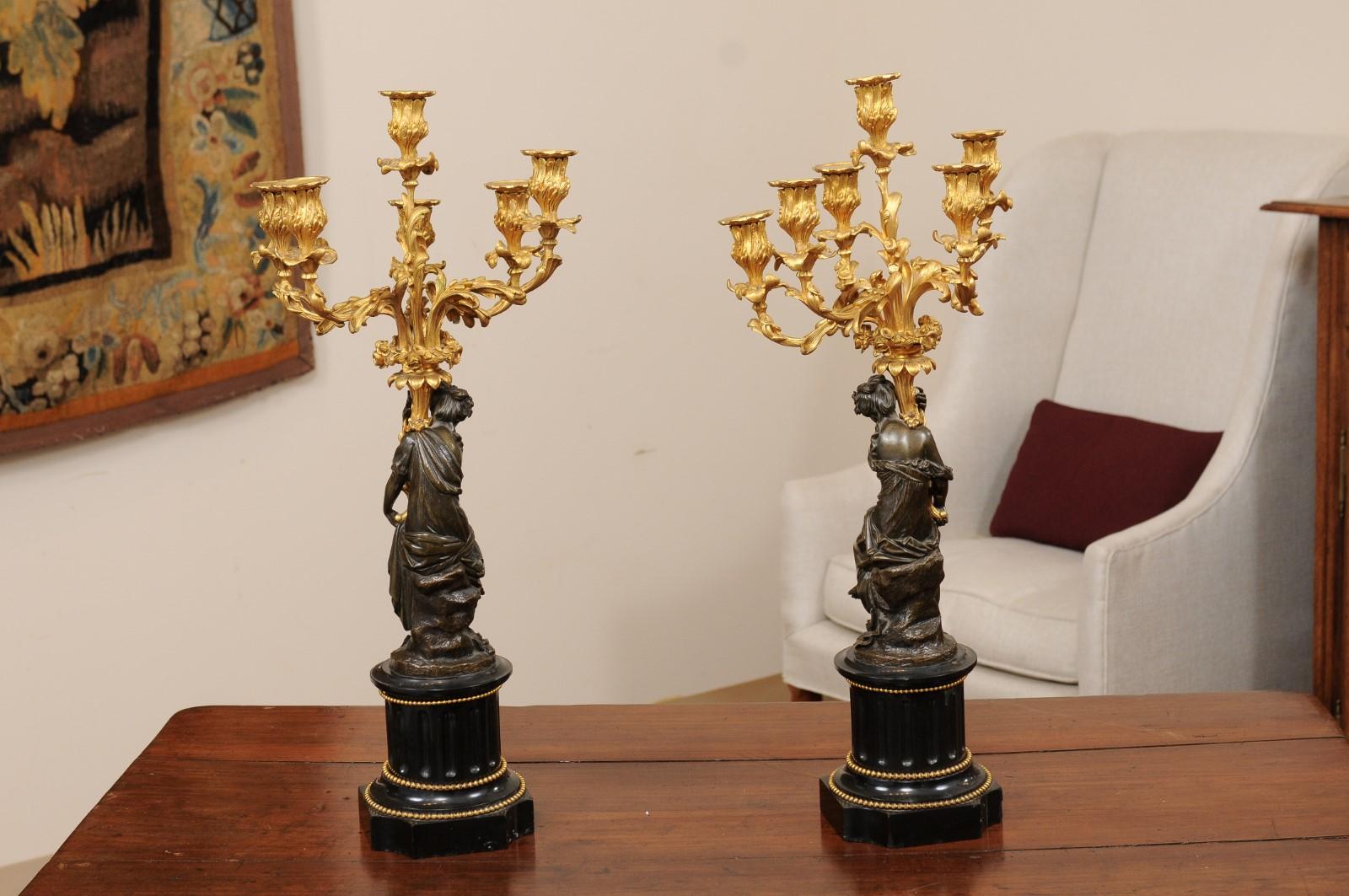 Pair of Patinated Bronze Figured Candelara with Ormolu Arms & Onyx Bases, 19th C For Sale 8