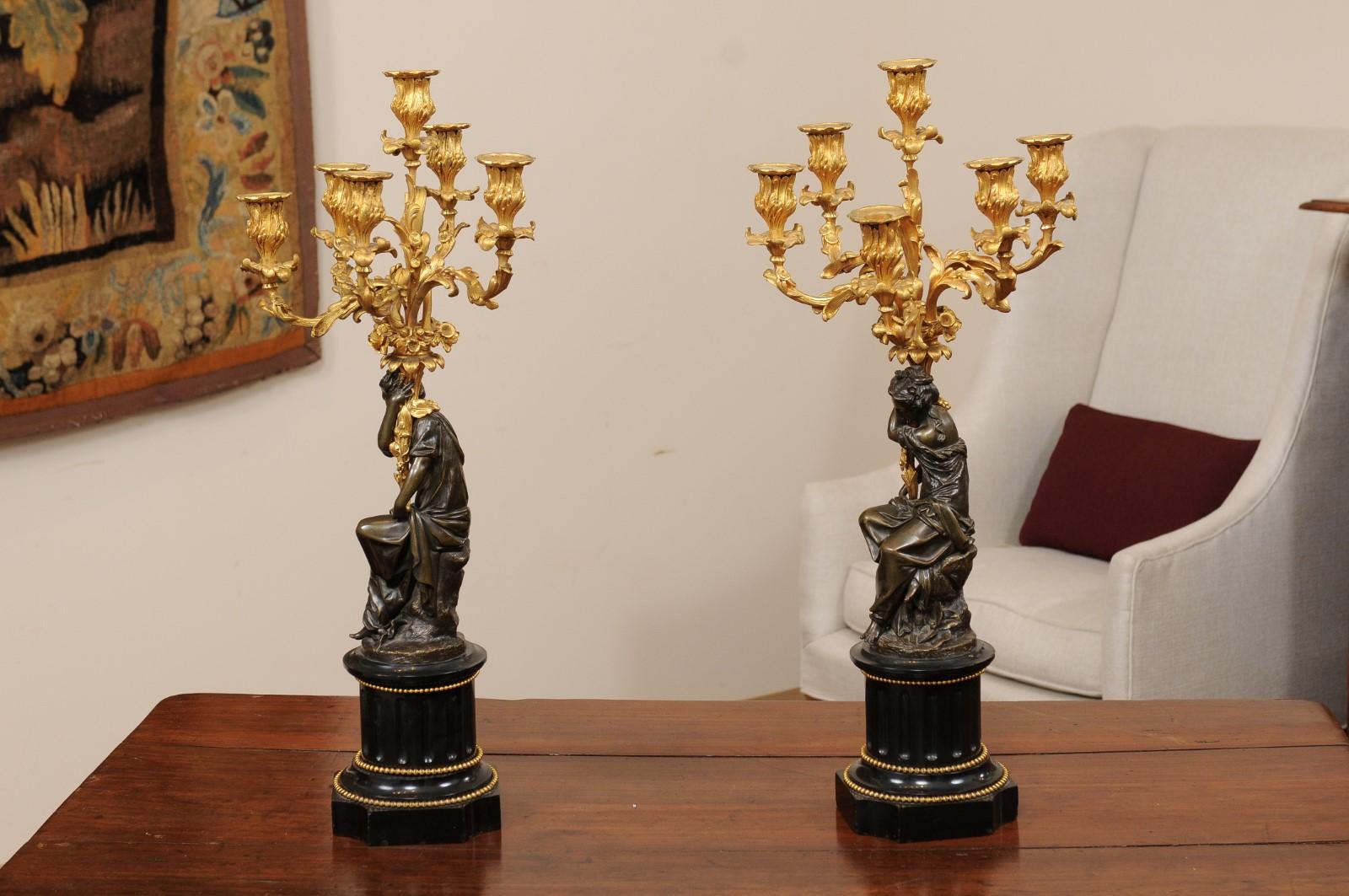 Pair of Patinated Bronze Figured Candelara with Ormolu Arms & Onyx Bases, 19th C For Sale 9