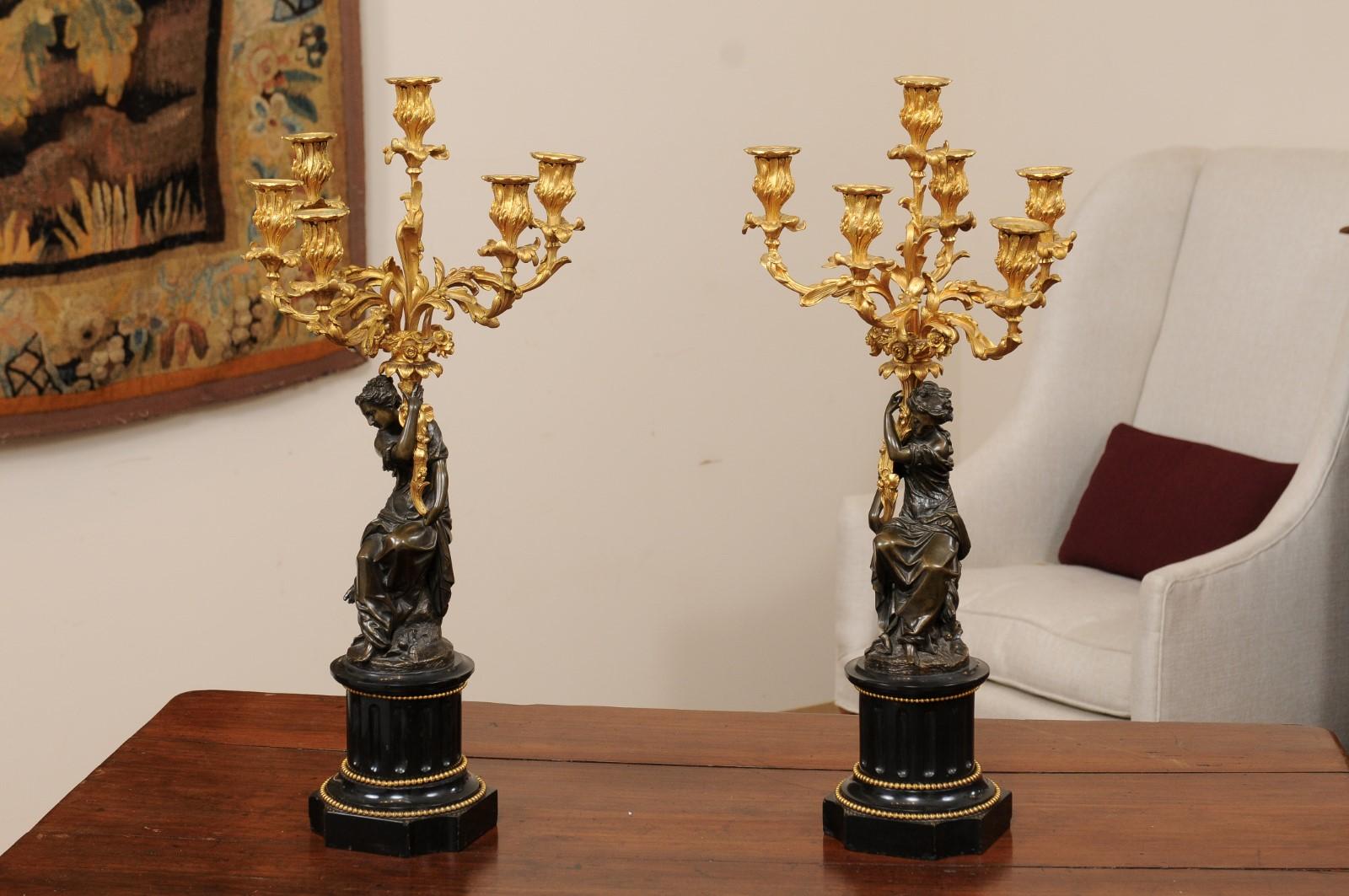 Pair of Patinated Bronze Figured Candelara with Ormolu Arms & Onyx Bases, 19th C For Sale 10