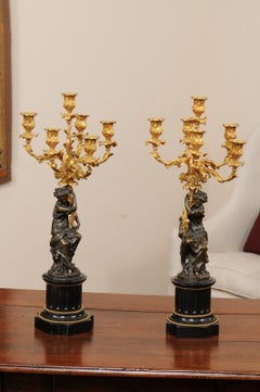 Pair of Patinated Bronze Figured Candelara with Ormolu Arms & Onyx Bases, 19th C
