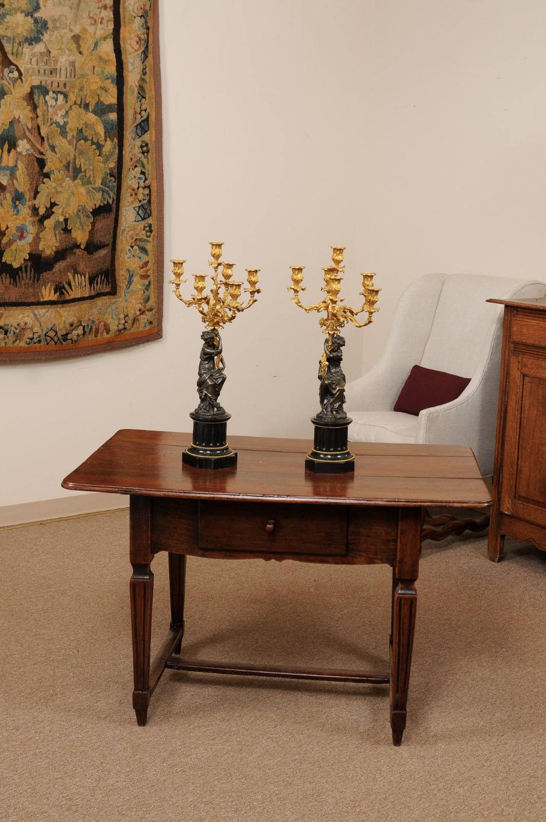 French Pair of Patinated Bronze Figured Candelara with Ormolu Arms & Onyx Bases, 19th C For Sale
