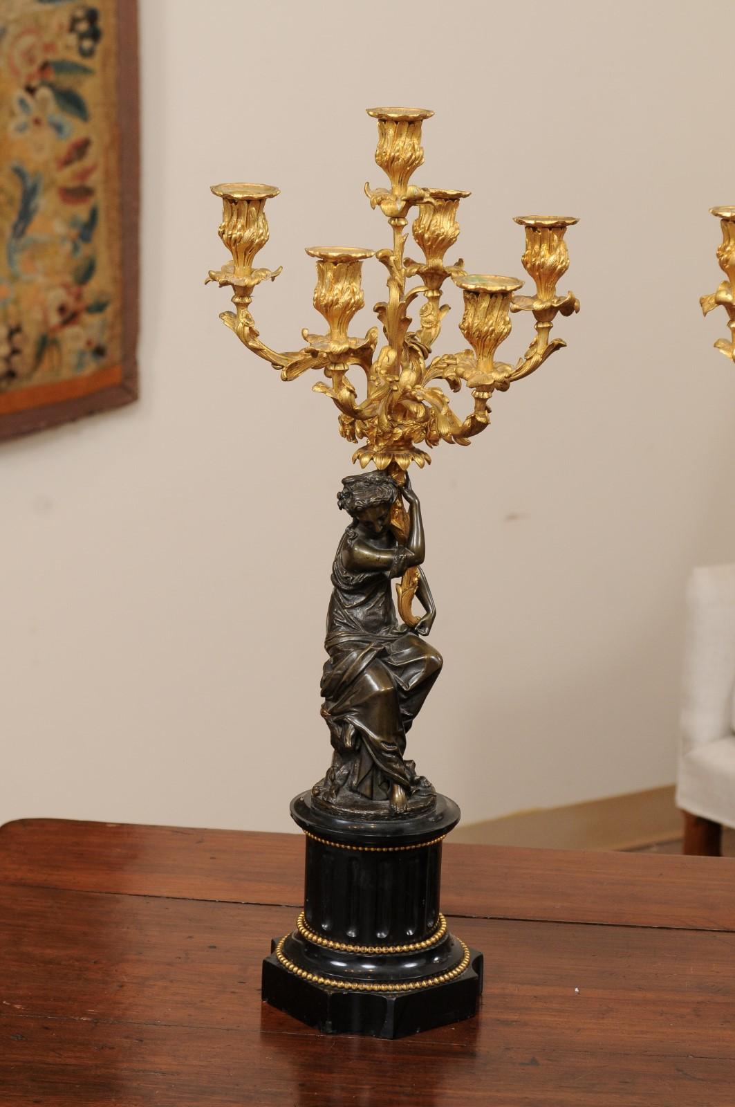 Pair of Patinated Bronze Figured Candelara with Ormolu Arms & Onyx Bases, 19th C In Good Condition For Sale In Atlanta, GA