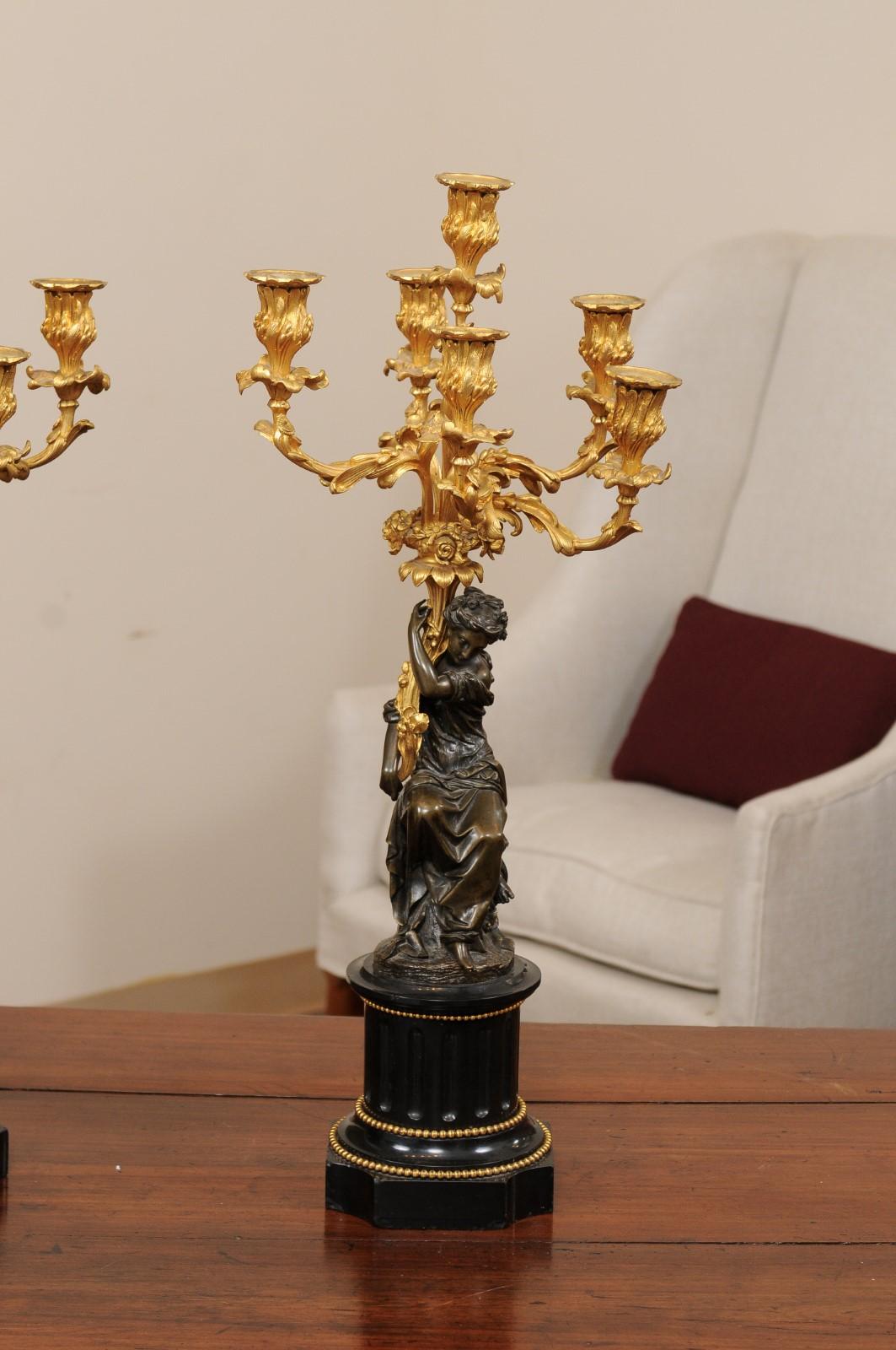 19th Century Pair of Patinated Bronze Figured Candelara with Ormolu Arms & Onyx Bases, 19th C For Sale