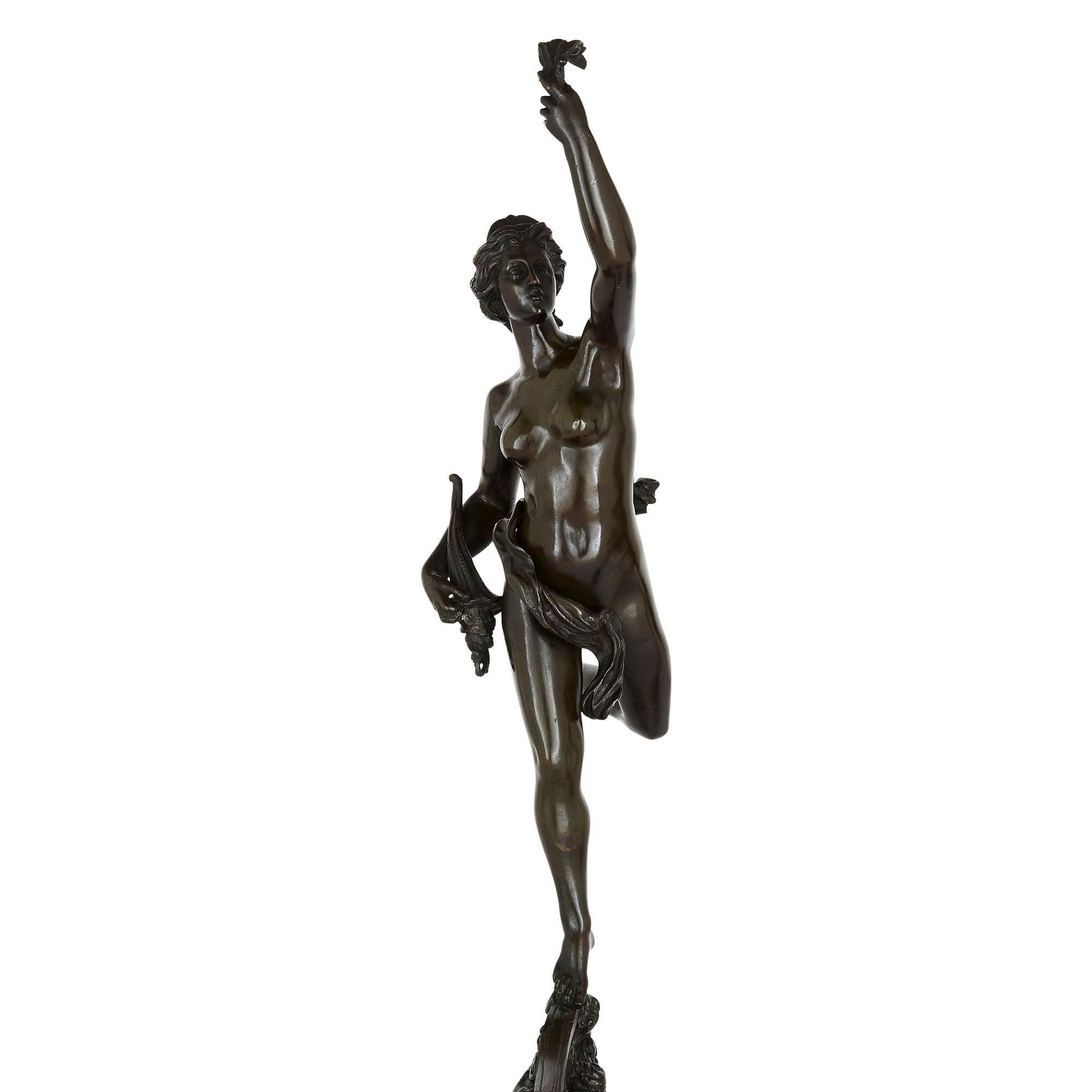 Pair of patinated bronze figures after Giambologna
French, late 19th Century
Mercury: Height 84cm, width 17cm, depth 31cm
Fortuna: Height 84.5cm, width 17cm, depth 29cm

The patinated bronze figures are pictured in the nude, adopting active