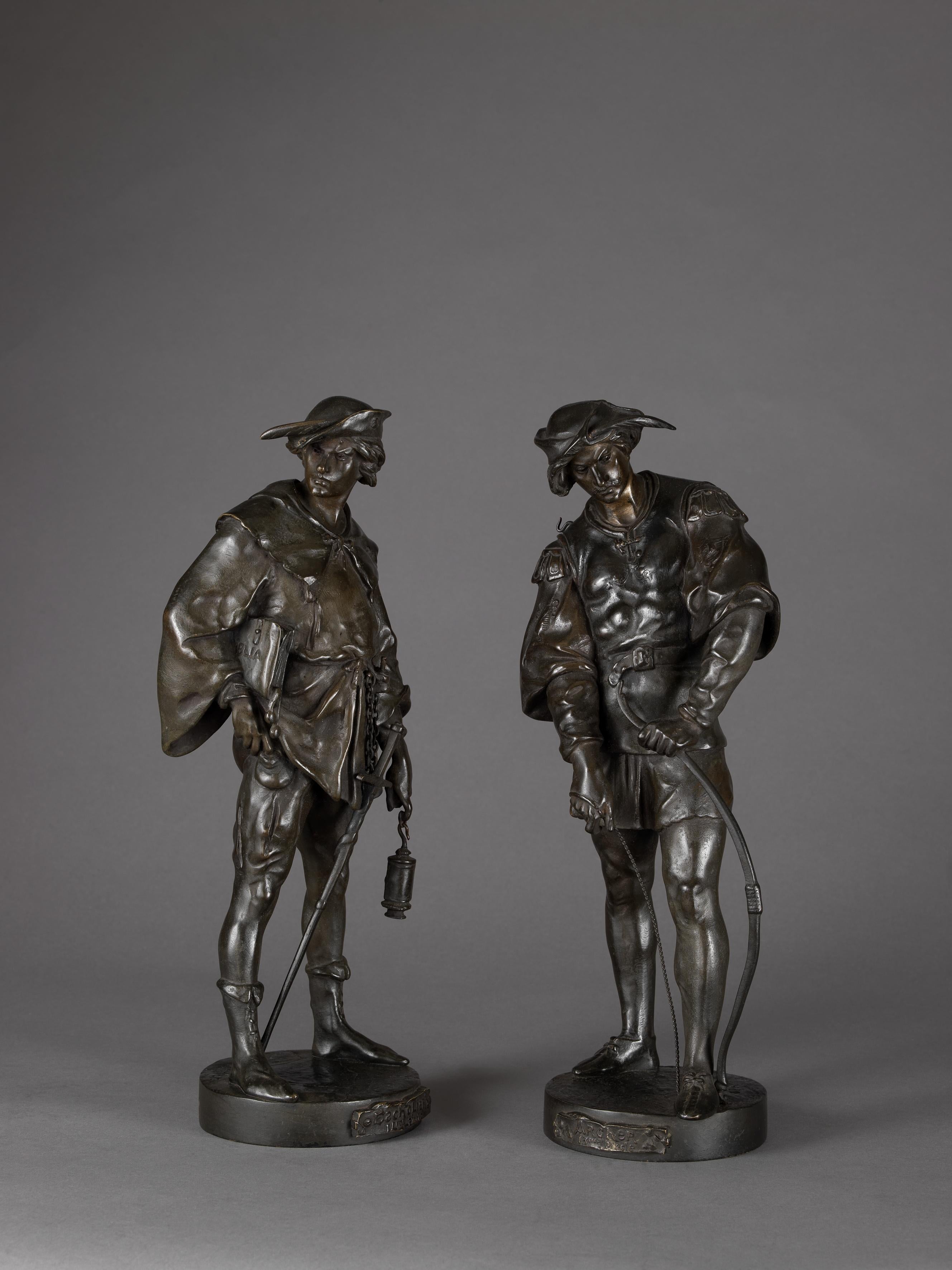 A fine pair of patinated bronze figures of an archer and a scholar by Émile Louis Picault.

French, circa 1890.

Cast signature to each base 'E PICAULT'. 

This fine pair of bronze figures depicts a scholar and an Archer. 

The scholar