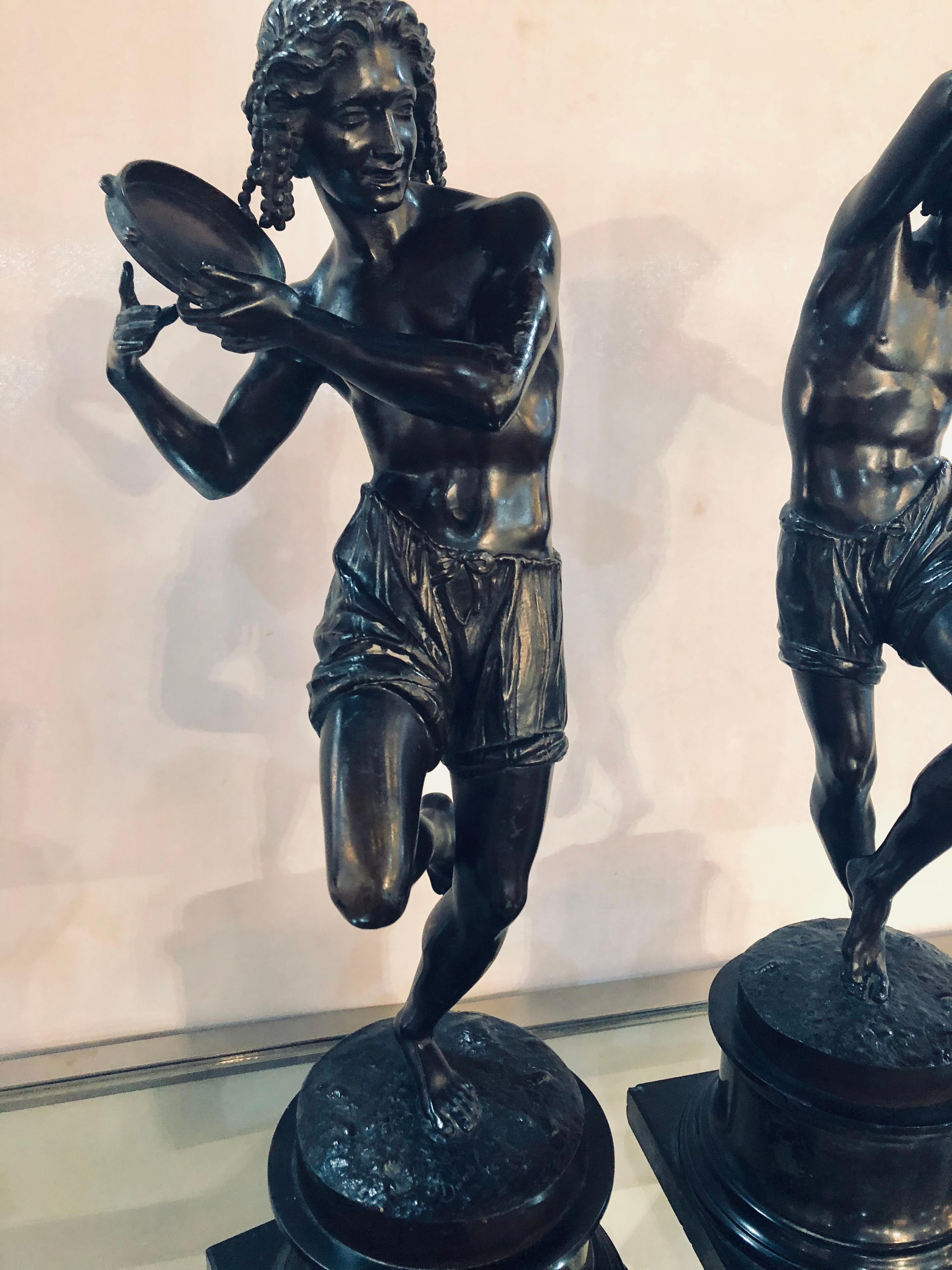 Baroque Pair of Patinated Bronze Figures of Male Dancers Signed Duret and Delafontaine