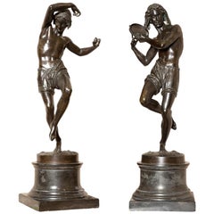Pair of Patinated Bronze Figures of Male Dancers Signed Duret and Delafontaine