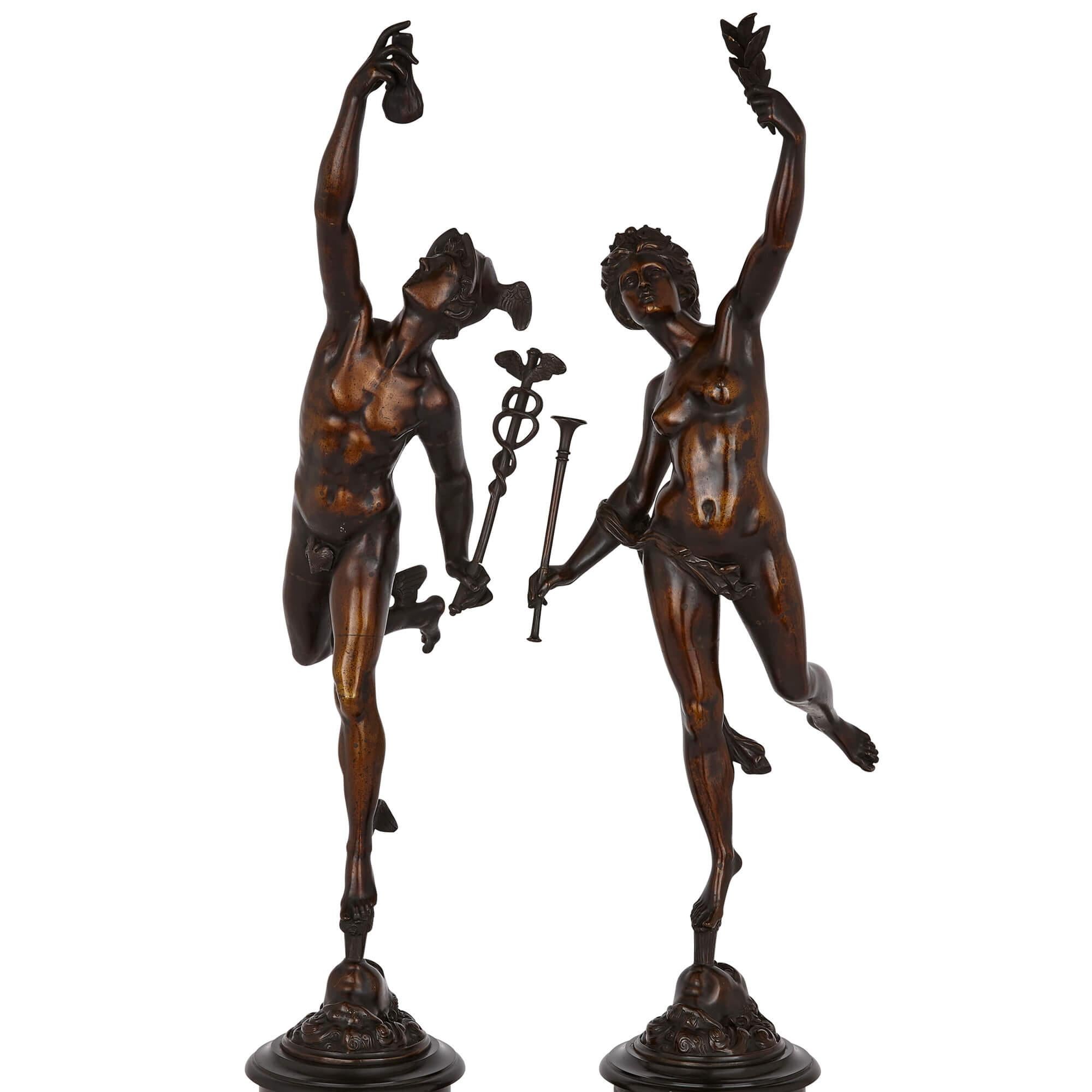 Pair of patinated bronze figures of Mercury and Fortuna, after Giambologna
French, Late 19th century
Measures: Height 87cm, width 15/19cm, depth 31cm

This pair of patinated bronze figures is based on the work of the renowned Mannerist sculptor