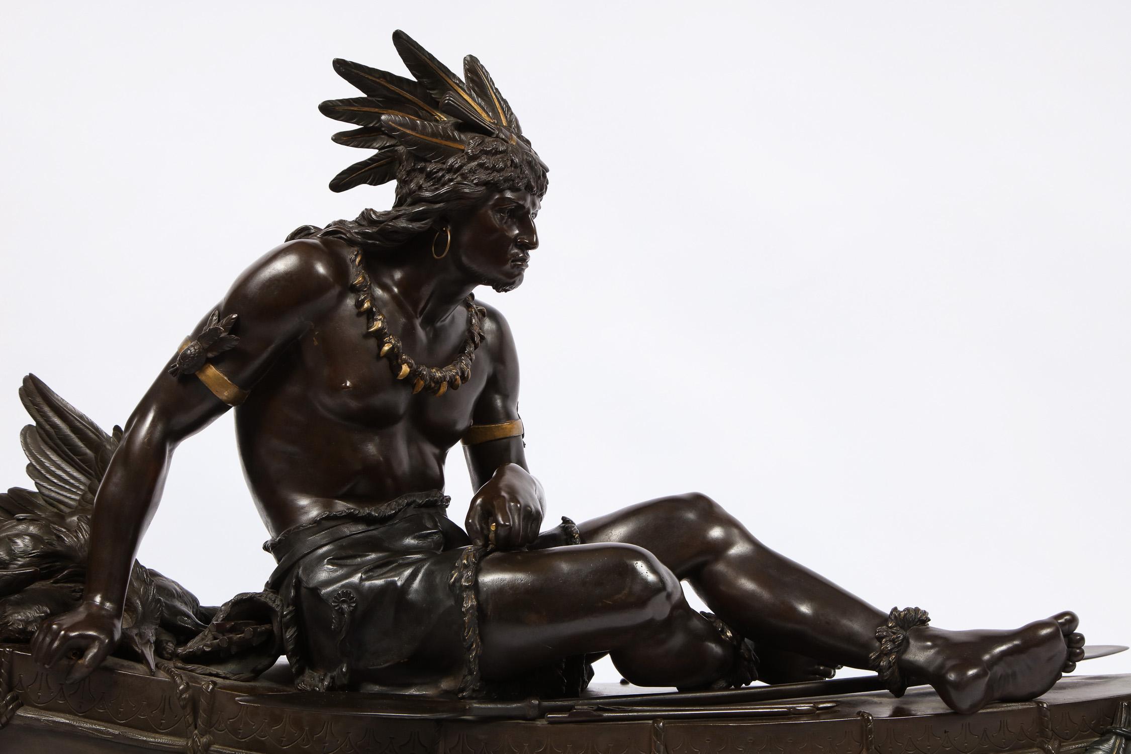 Pair of Patinated Bronze Figures of Native Americans, La Peche/La Chasse, Signed For Sale 7