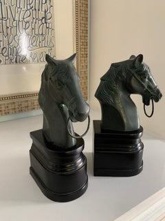 Pair of Patinated Bronze Horse Head Bookends on Stand