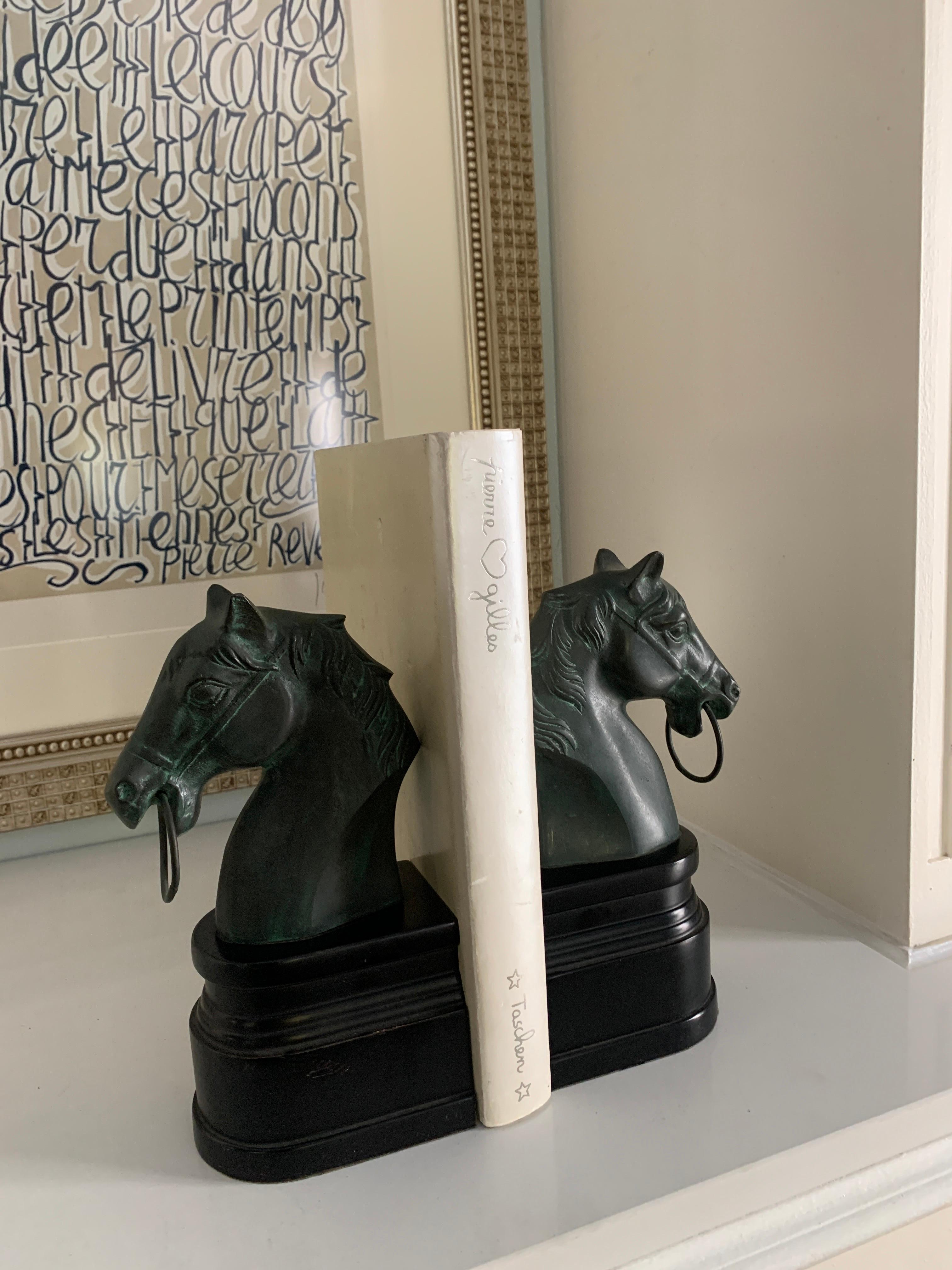 Lacquered Pair of Patinated Bronze Horse Head Bookends on Stand