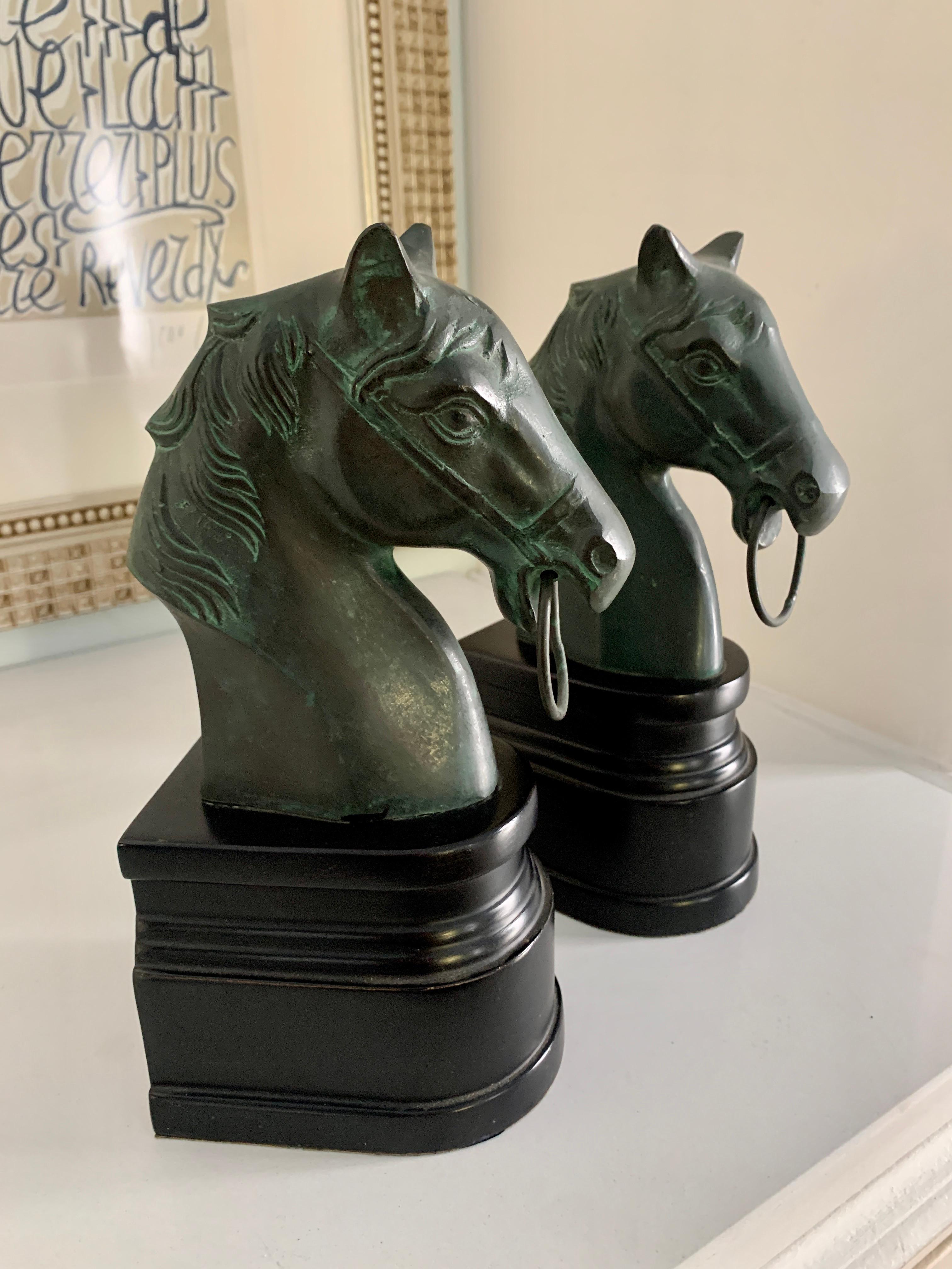 Pair of Patinated Bronze Horse Head Bookends on Stand In Good Condition In Los Angeles, CA