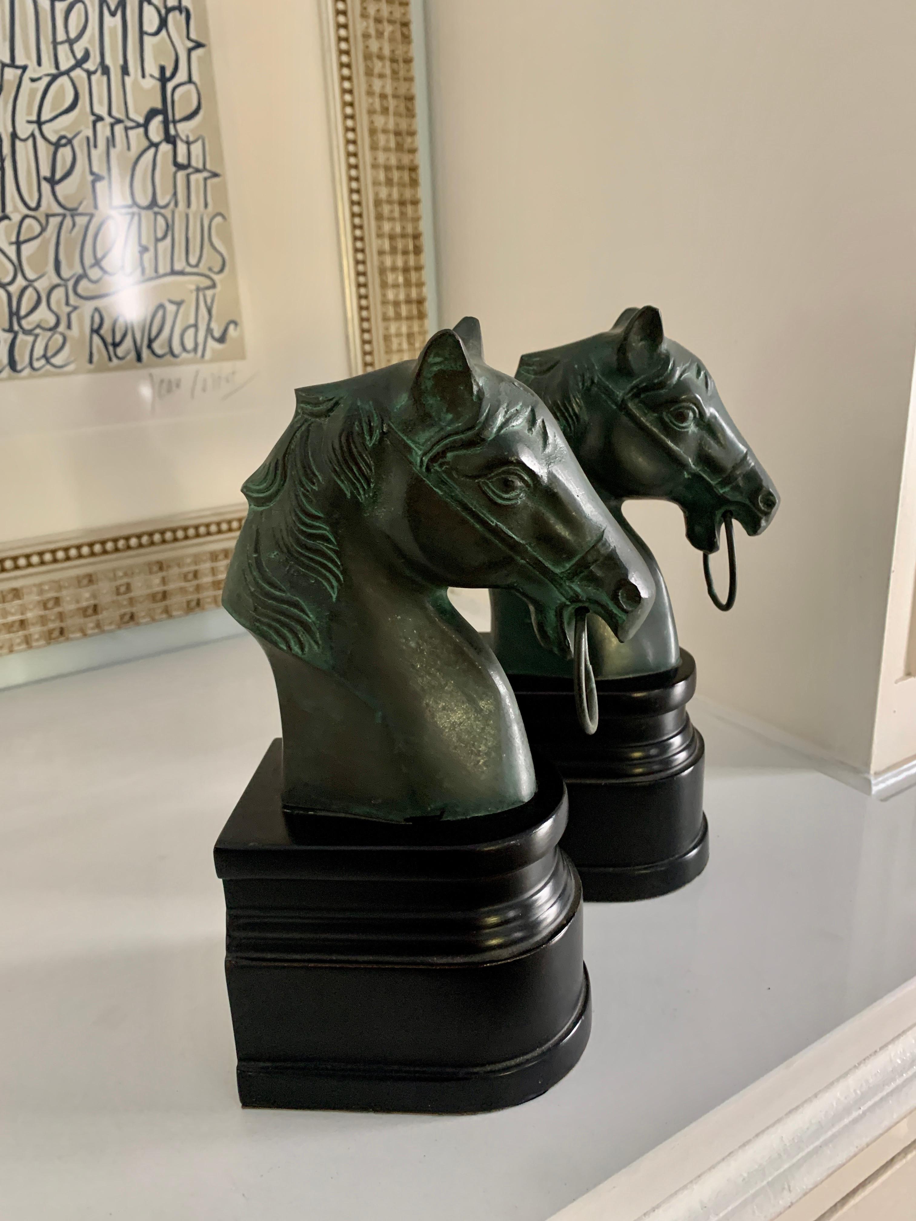20th Century Pair of Patinated Bronze Horse Head Bookends on Stand