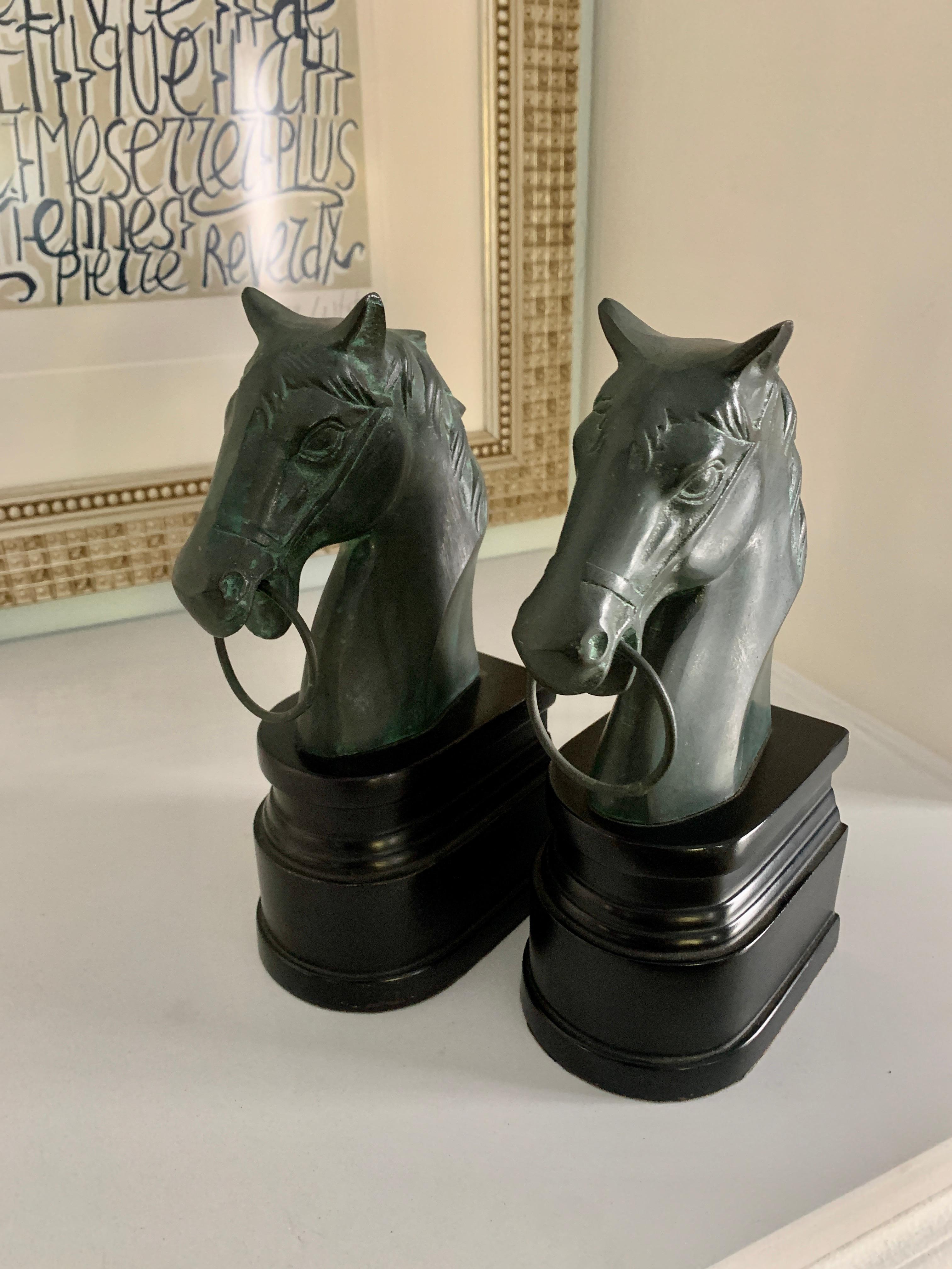 Pair of Patinated Bronze Horse Head Bookends on Stand 1