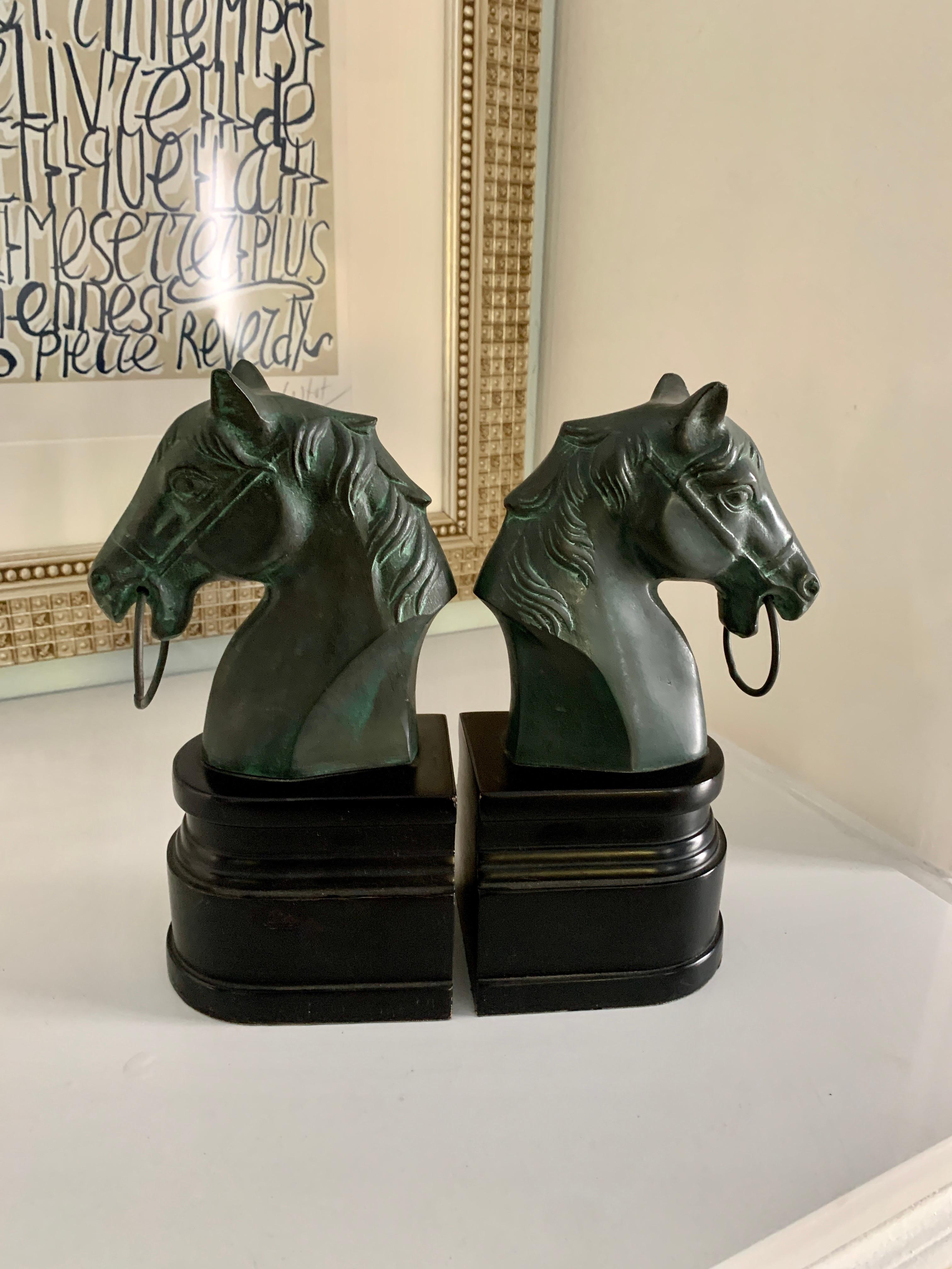 Pair of Patinated Bronze Horse Head Bookends on Stand 2