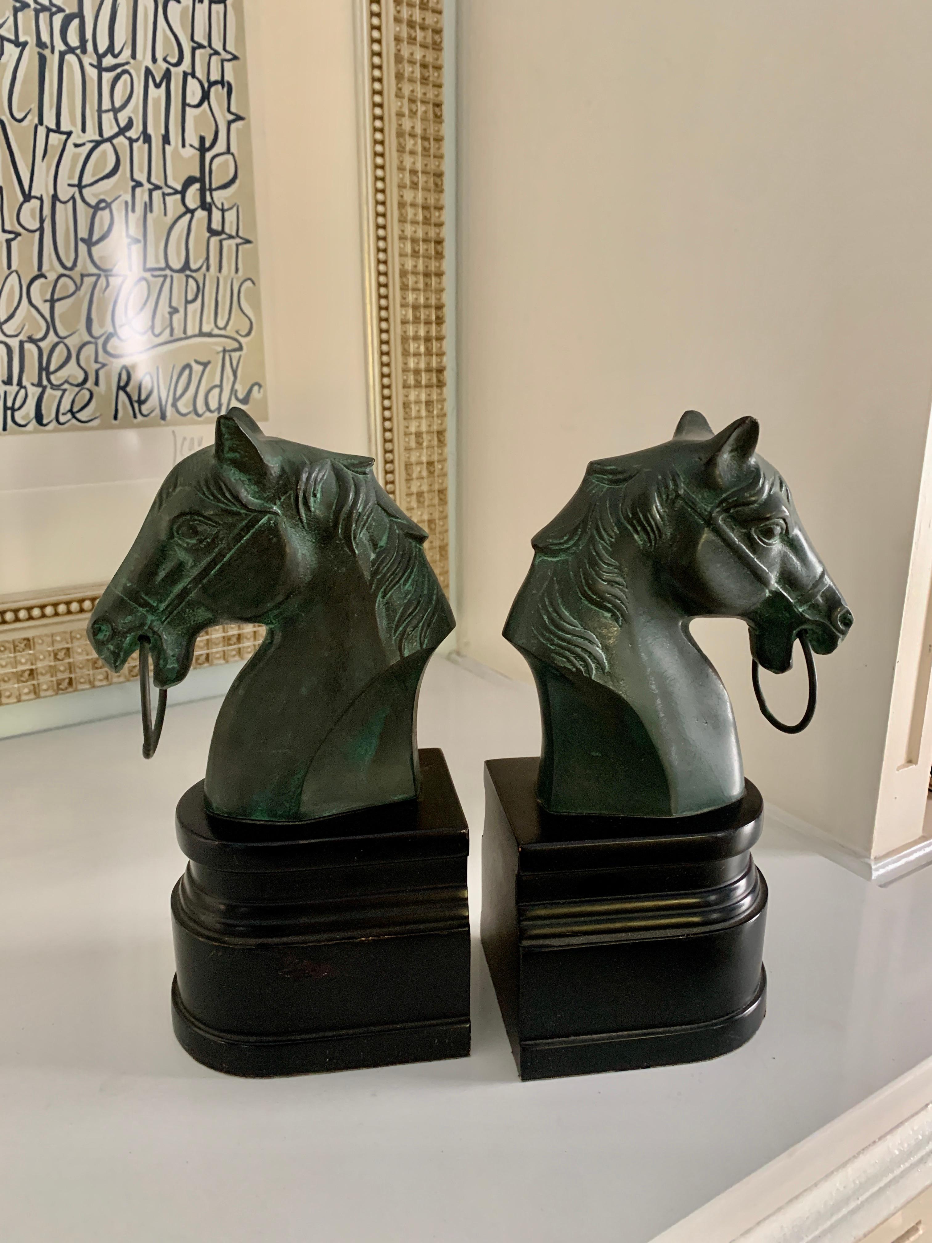 Pair of Patinated Bronze Horse Head Bookends on Stand 3