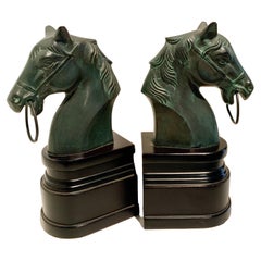 Vintage Pair of Patinated Bronze Horse Head Bookends on Stand
