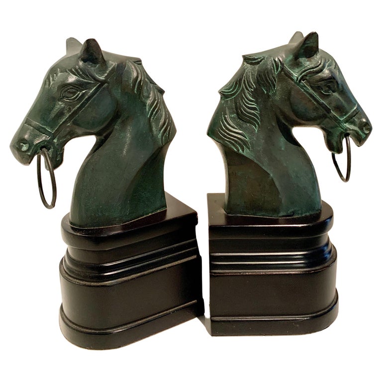 Pair of Patinated Bronze Horse Head Bookends on Stand at 1stDibs