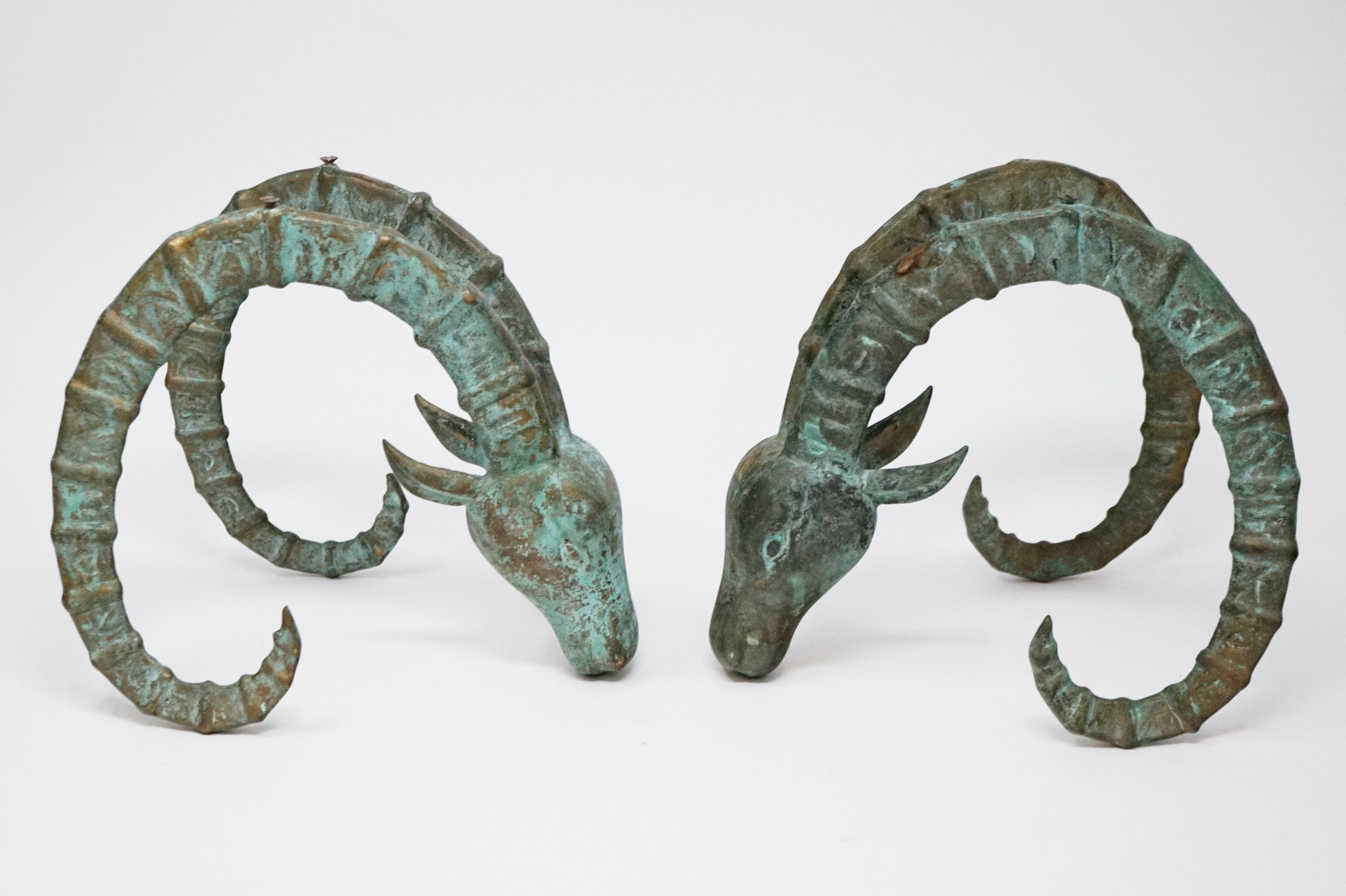 Modern Pair of Patinated Bronze Ibex Ram's Head Sculptural Figures, Style of Chervet