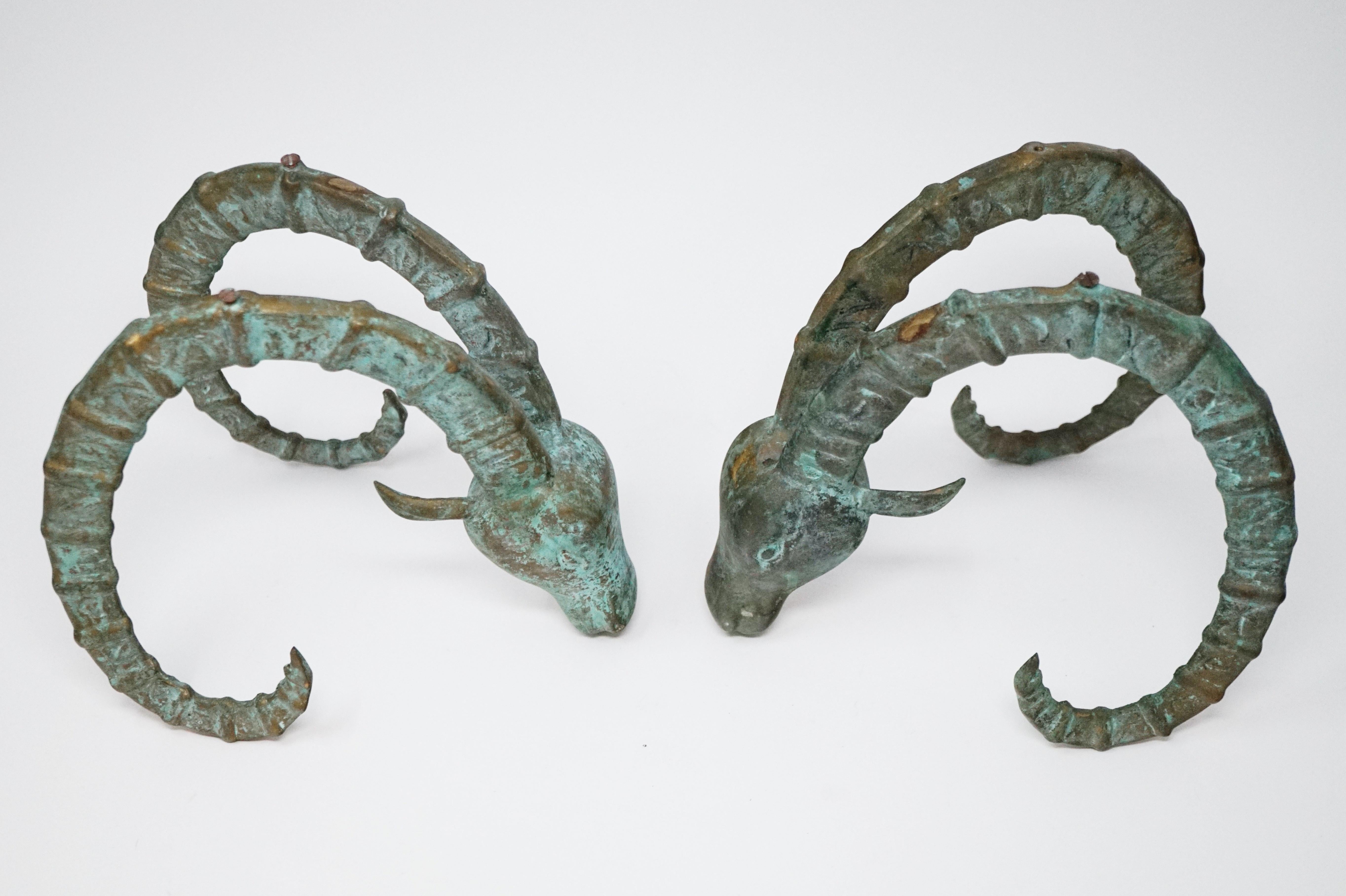 Unknown Pair of Patinated Bronze Ibex Ram's Head Sculptural Figures, Style of Chervet