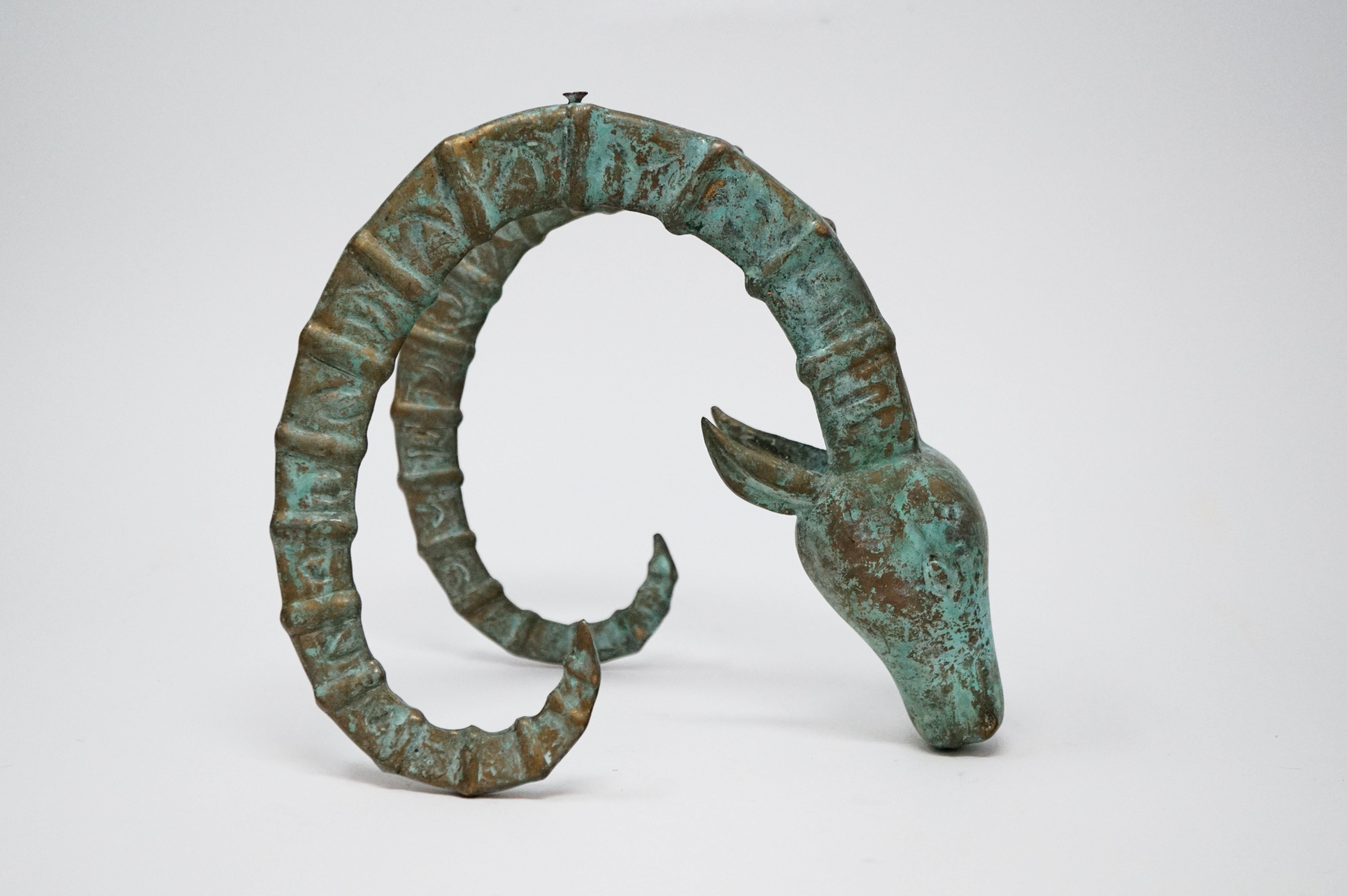 Late 20th Century Pair of Patinated Bronze Ibex Ram's Head Sculptural Figures, Style of Chervet