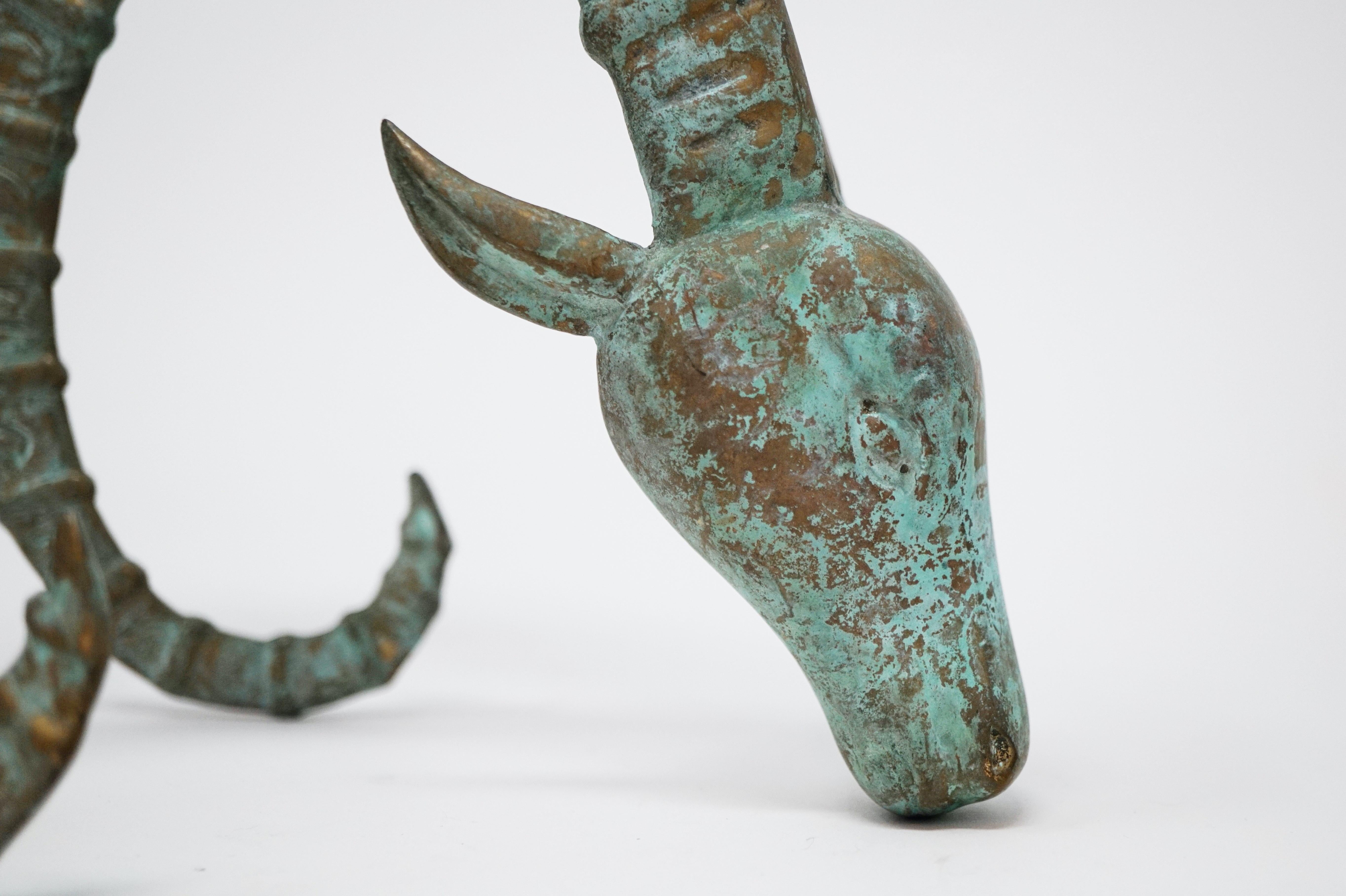 Pair of Patinated Bronze Ibex Ram's Head Sculptural Figures, Style of Chervet 1