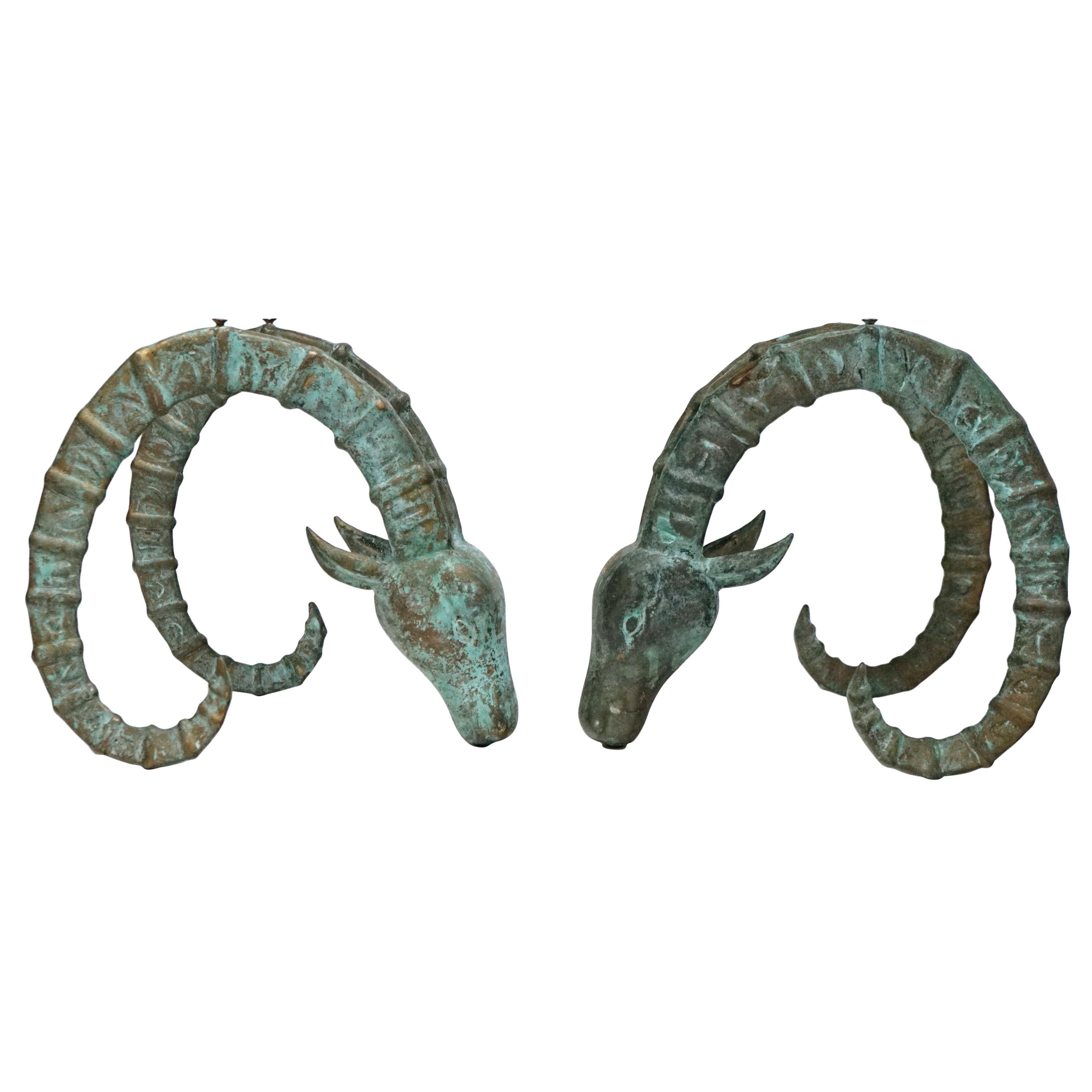 Pair of Patinated Bronze Ibex Ram's Head Sculptural Figures, Style of Chervet