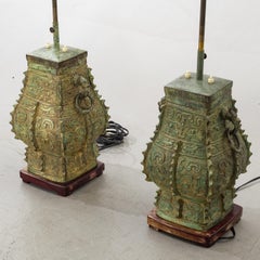 Lampade da tavolo in stile James Mont in  bronzo "vert de gris" patina 1960