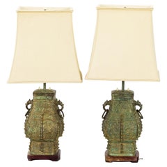 Pair of Patinated Bronze Lamp, Silk Shade Attributed to William Billy Haines