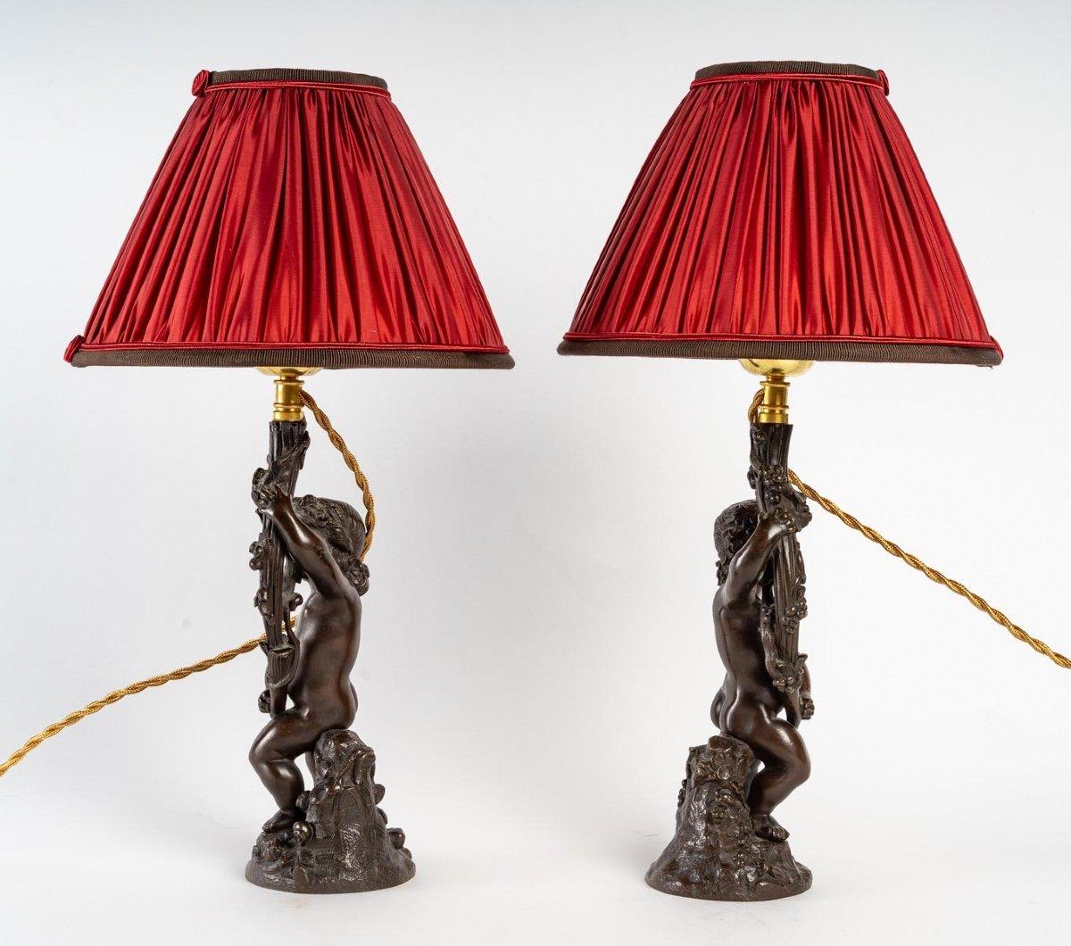 19th Century Pair of Patinated Bronze Lamps