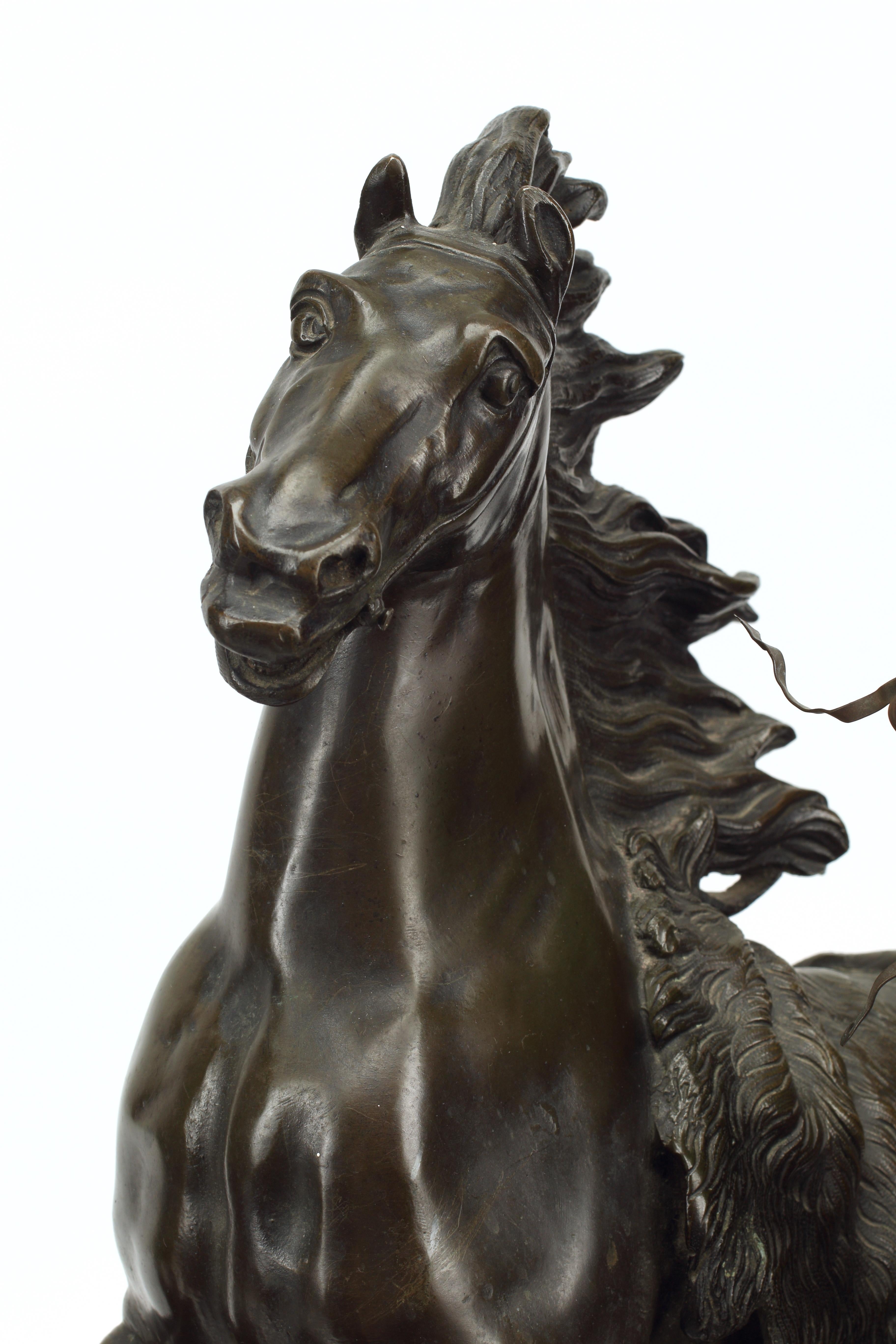 Pair of Patinated Bronze Marly Horse Sculptures, 19th Century French In Good Condition For Sale In El Monte, CA