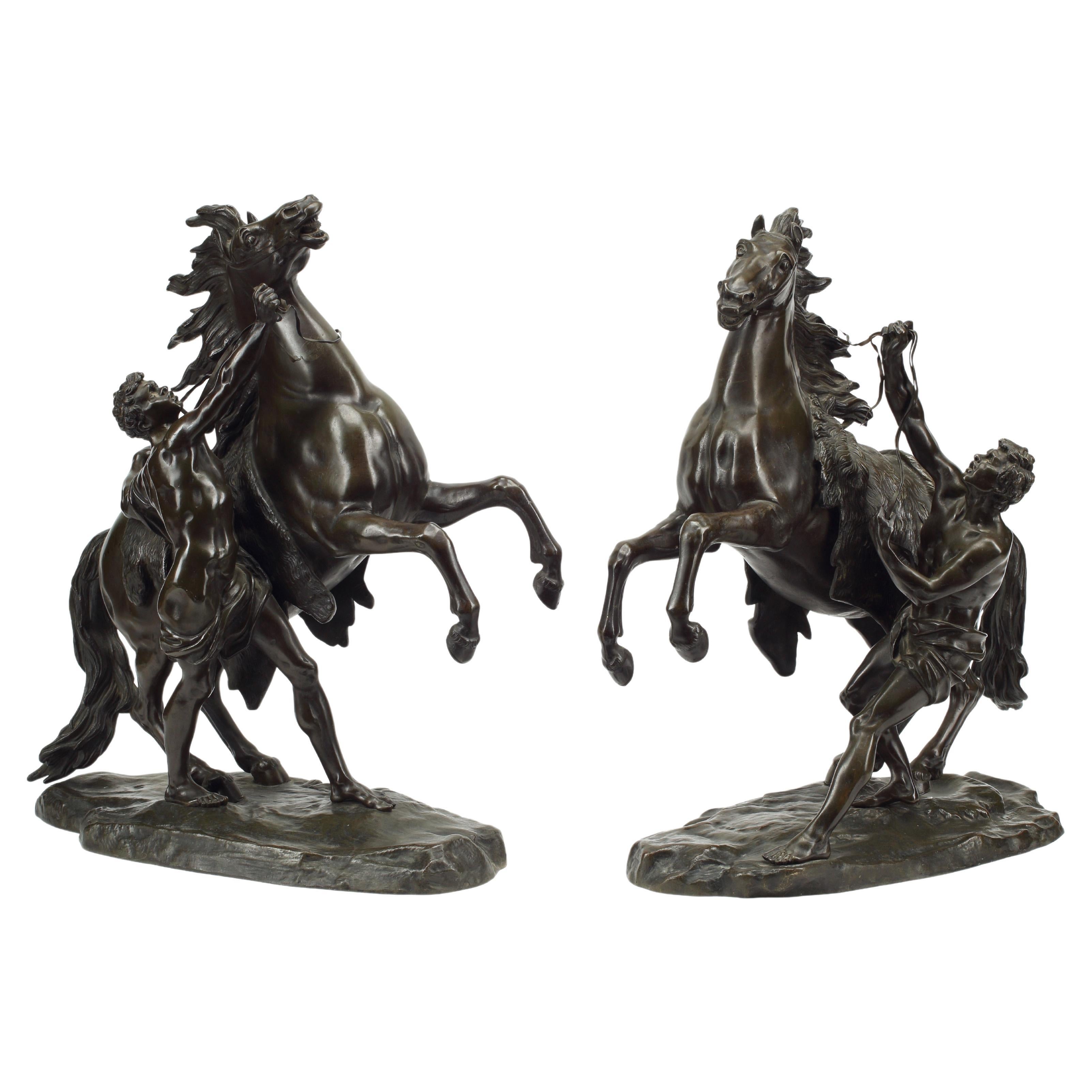 Pair of Patinated Bronze Marly Horse Sculptures, 19th Century French