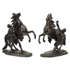 Pair of Patinated Bronze Marly Horse Sculptures, 19th Century French