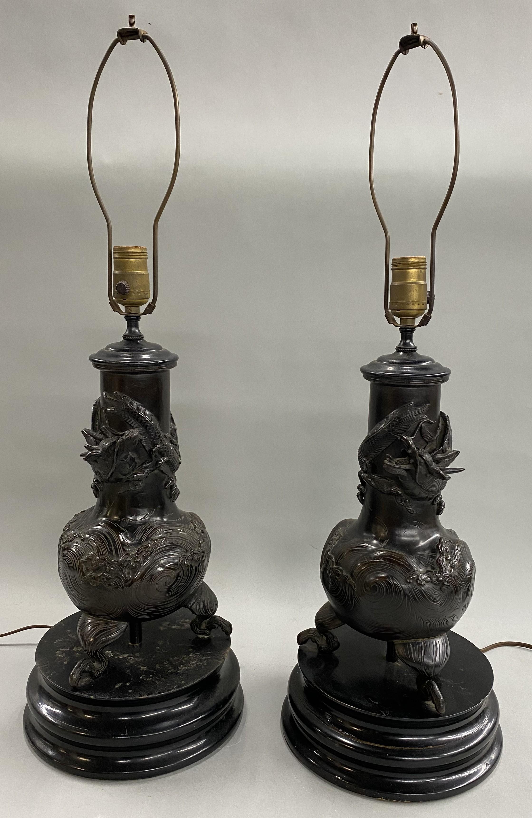Japanese Pair of Patinated Bronze Meiji Table Lamps with Dragon Motif For Sale