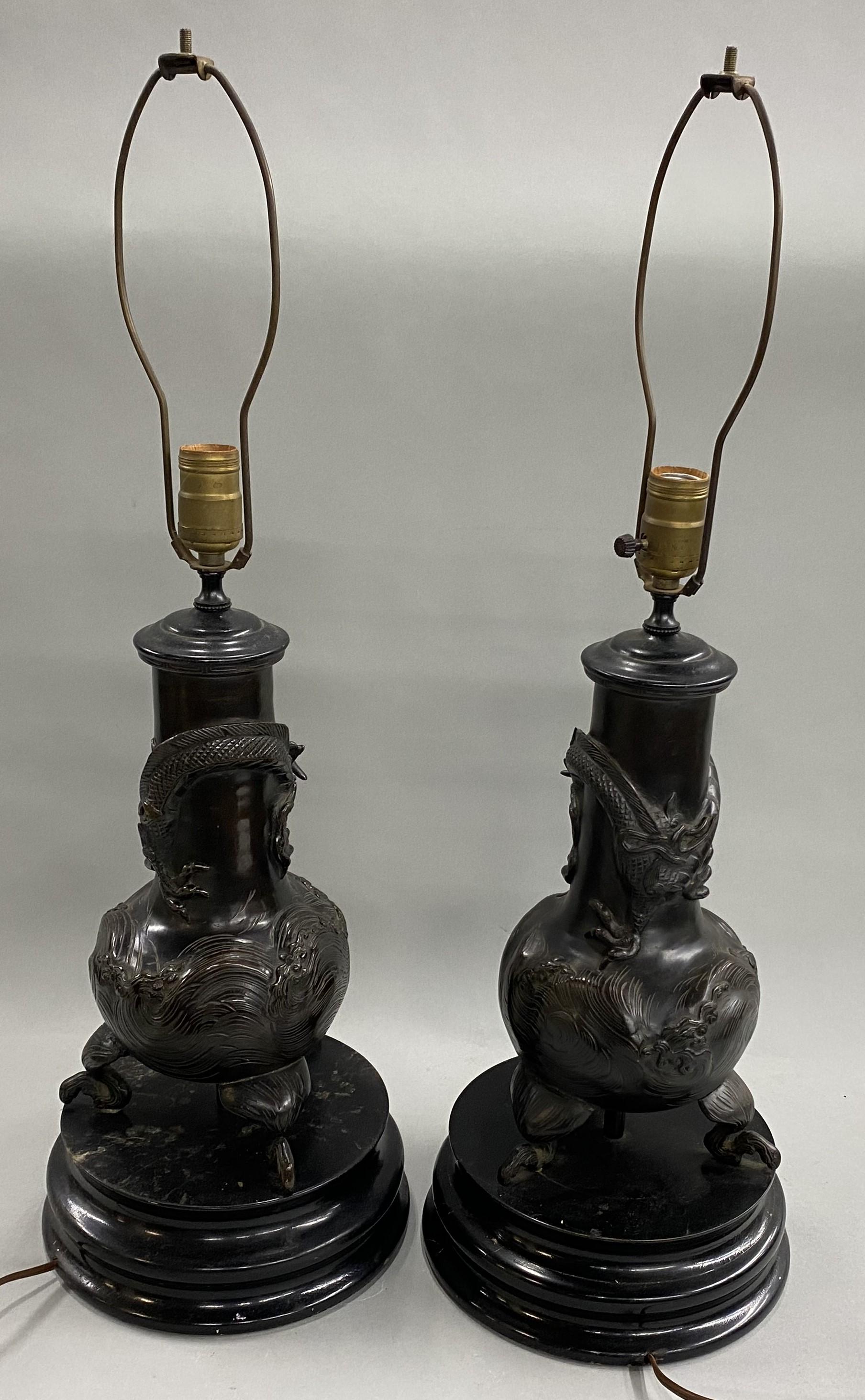 19th Century Pair of Patinated Bronze Meiji Table Lamps with Dragon Motif For Sale