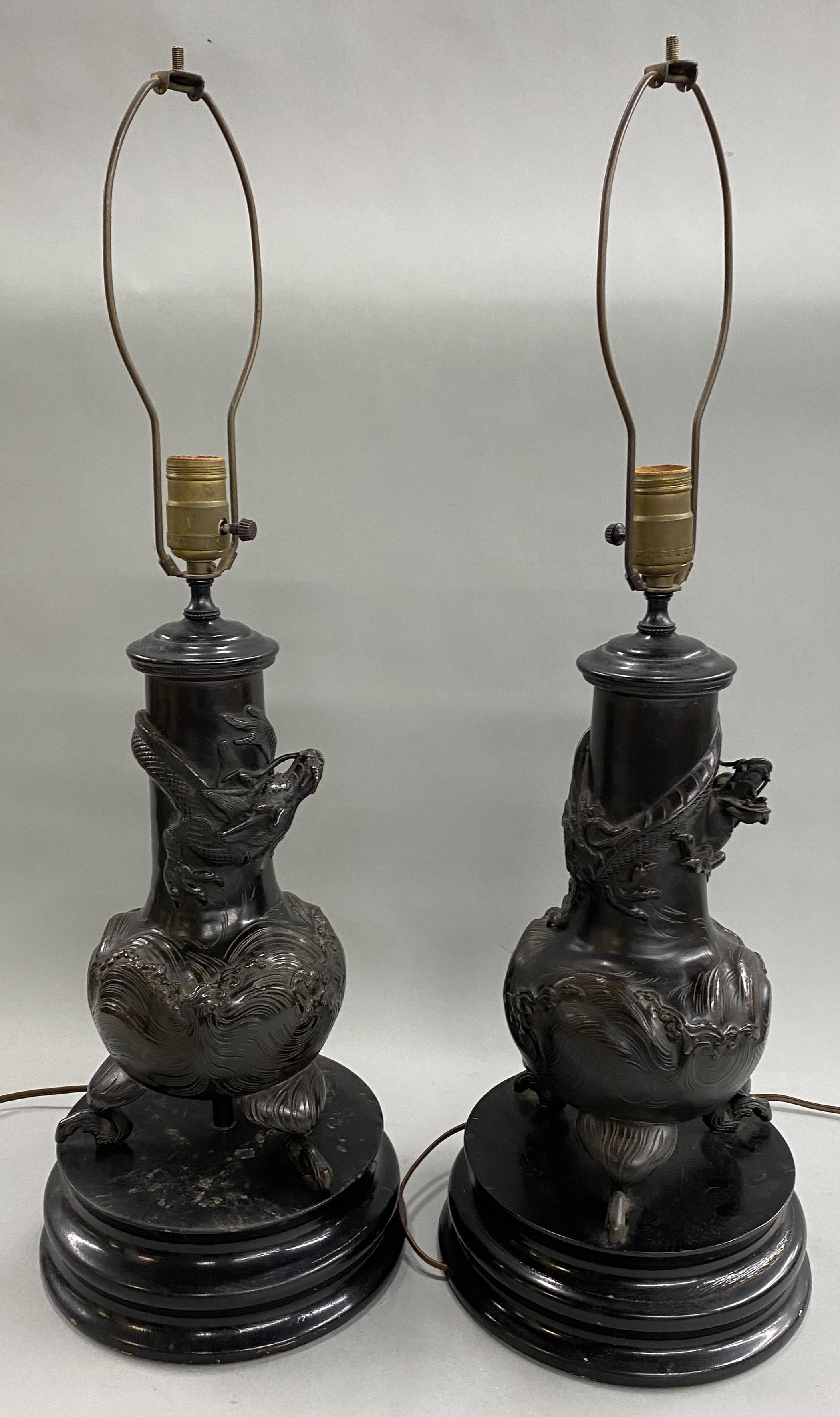 Pair of Patinated Bronze Meiji Table Lamps with Dragon Motif For Sale 1