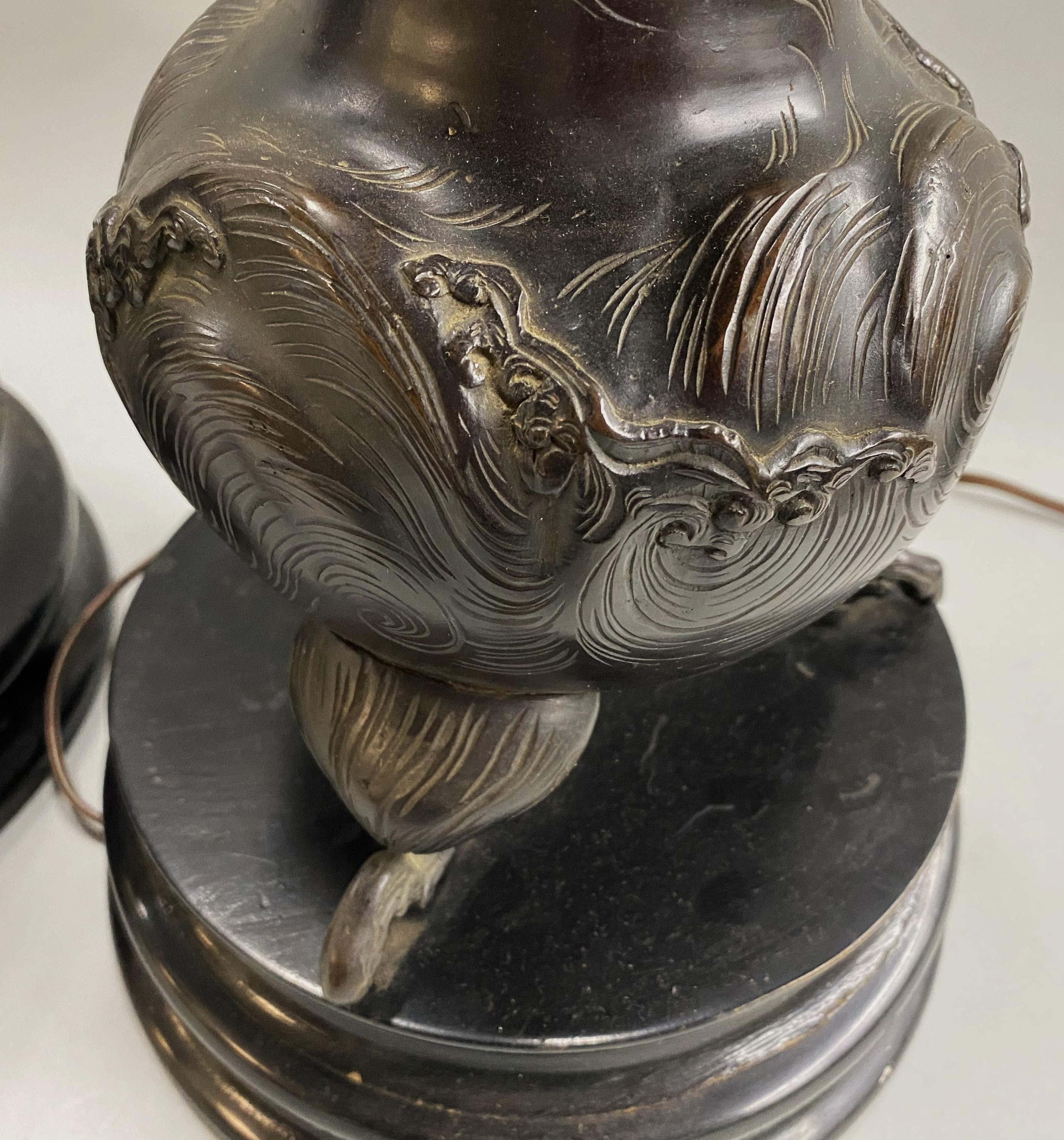 Pair of Patinated Bronze Meiji Table Lamps with Dragon Motif For Sale 3