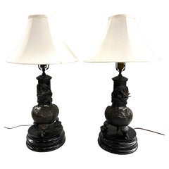 Pair of Patinated Bronze Meiji Table Lamps with Dragon Motif