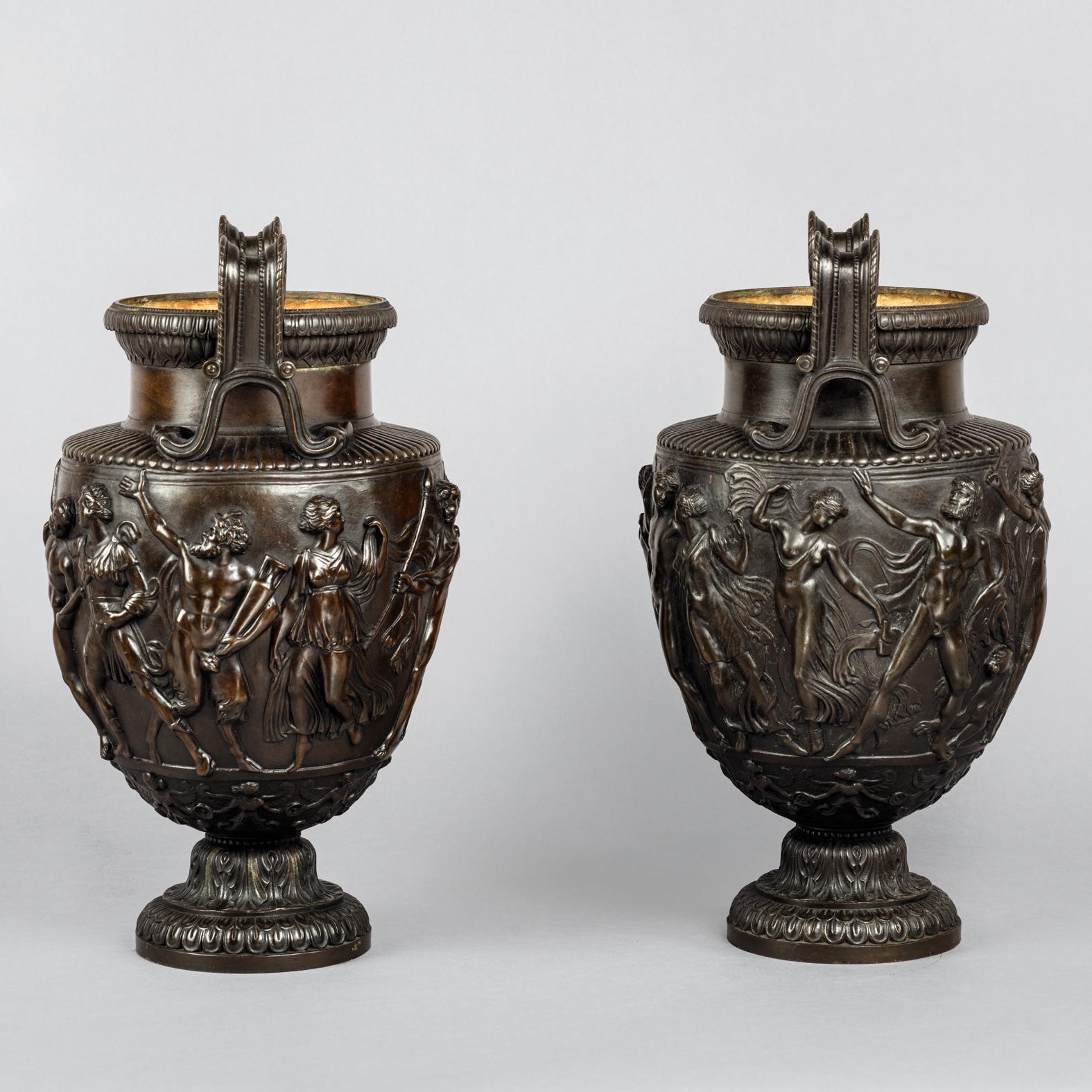 Classical Roman Pair of Patinated Bronze Models of the Townley Vase Cast by Delafontaine For Sale