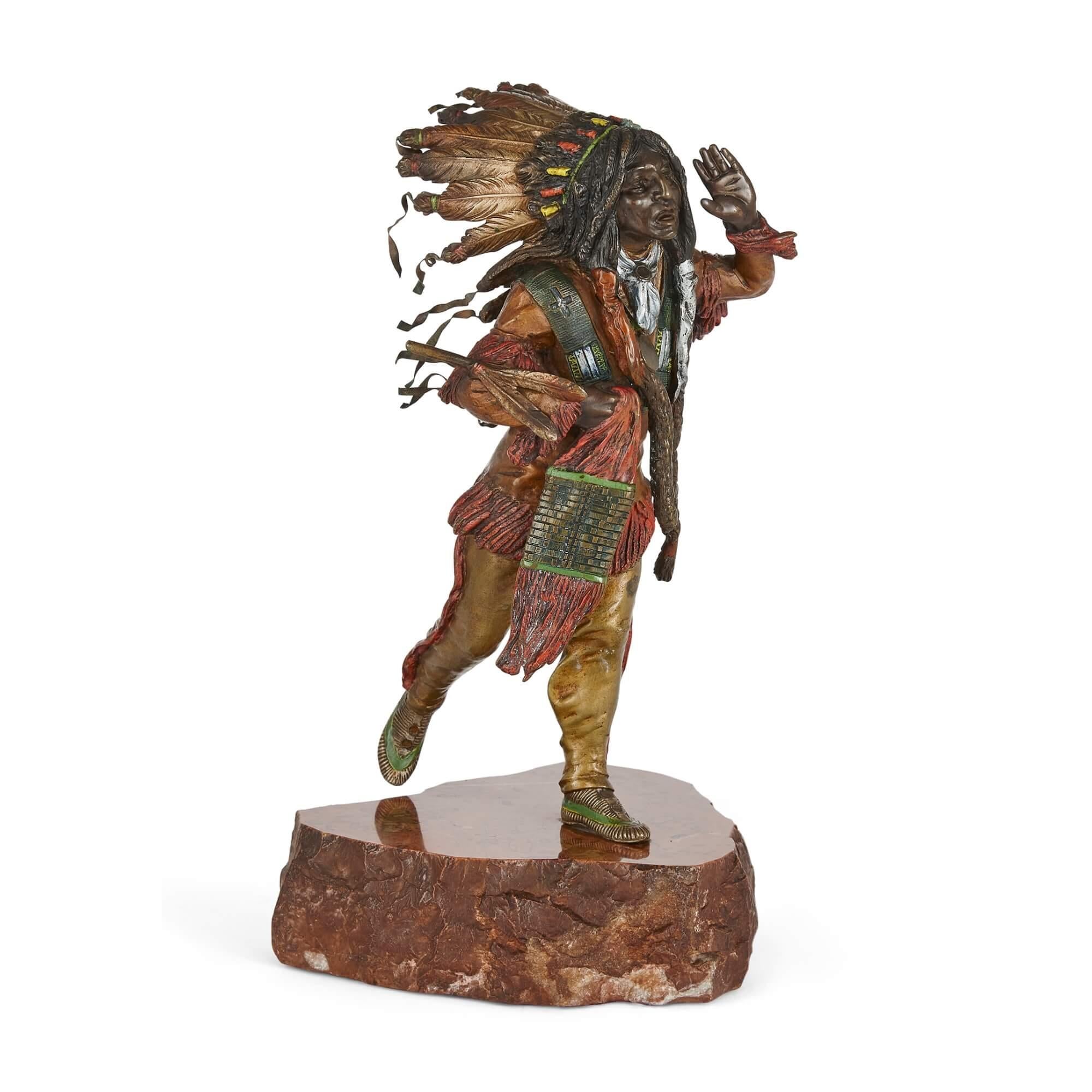 Carved Pair of Patinated Bronze Native American Figures after Kauba  For Sale